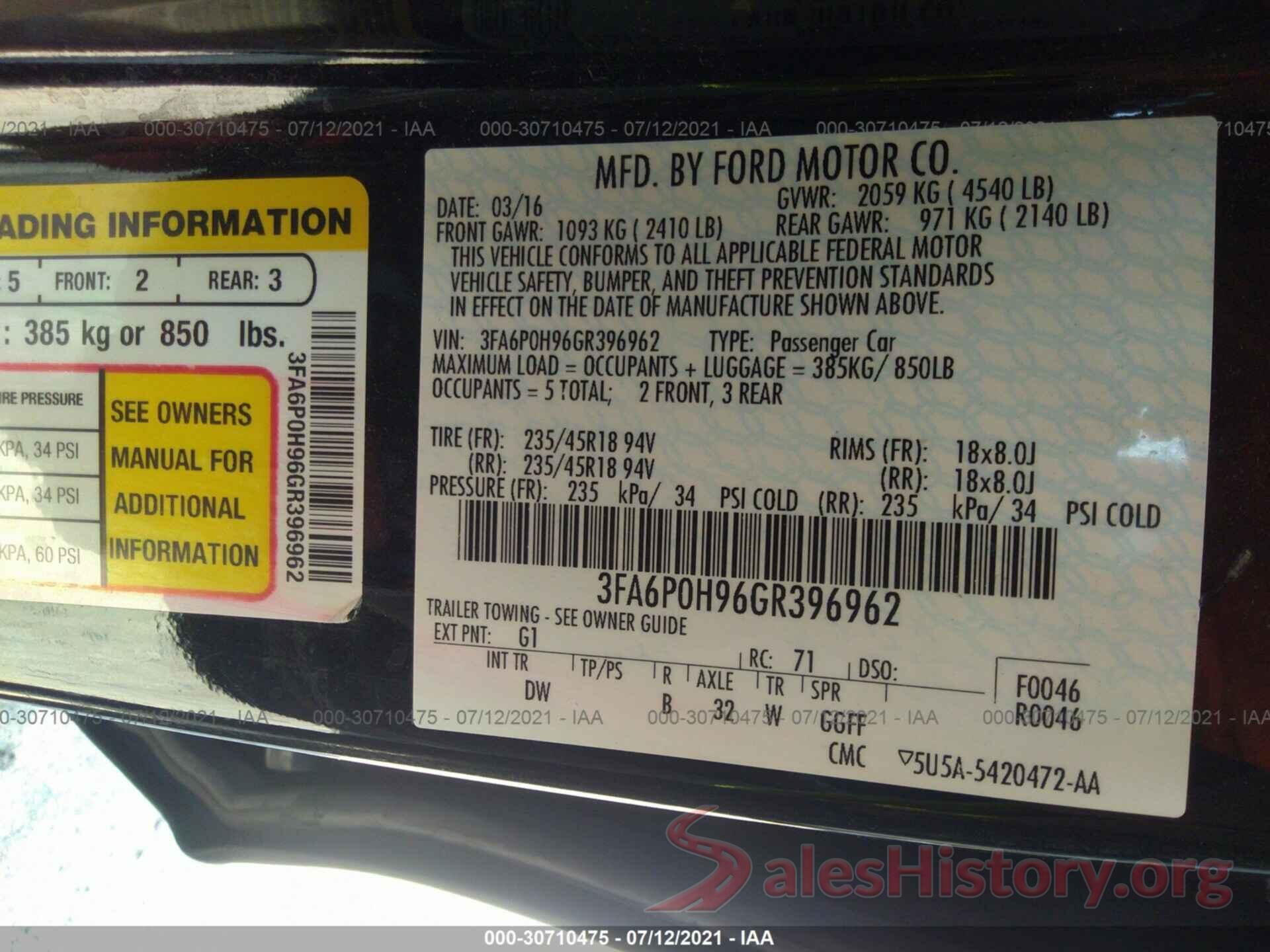 3FA6P0H96GR396962 2016 FORD FUSION