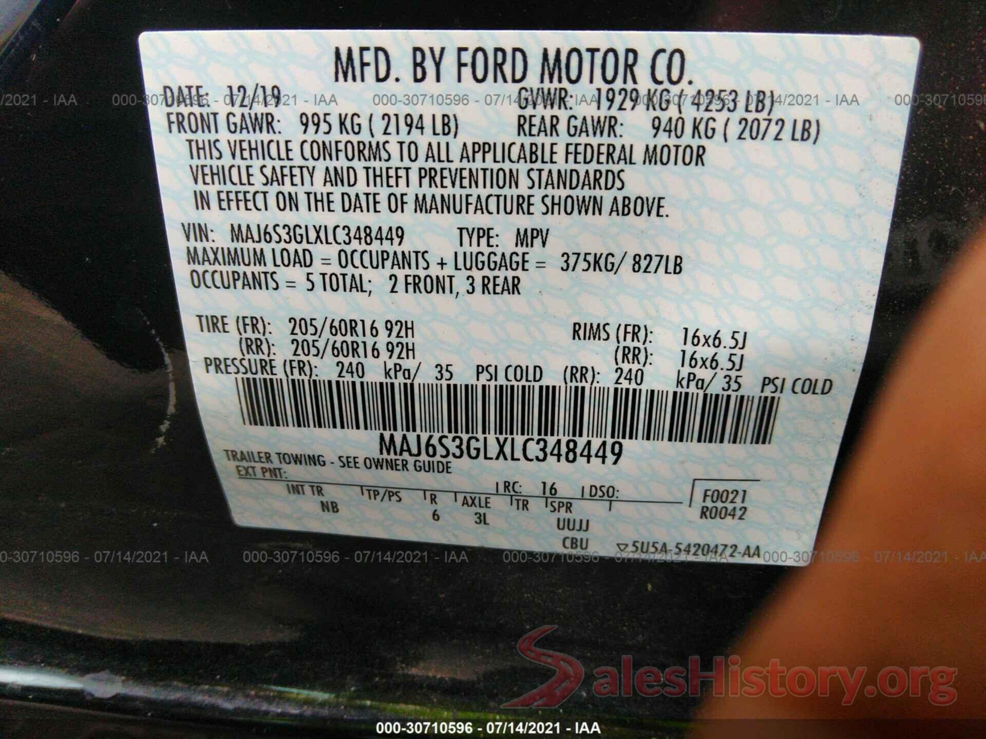 MAJ6S3GLXLC348449 2020 FORD ECOSPORT