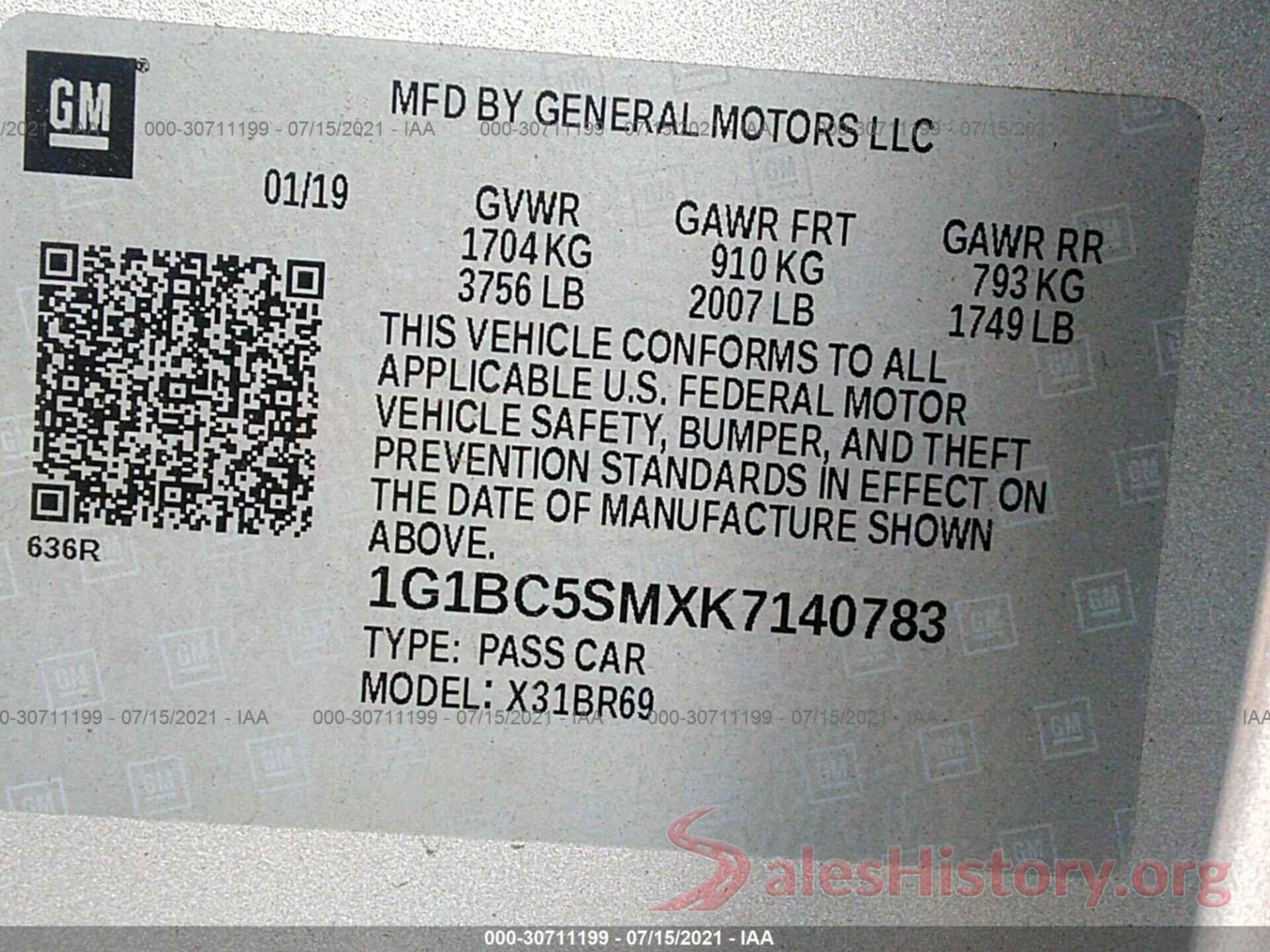 1G1BC5SMXK7140783 2019 CHEVROLET CRUZE