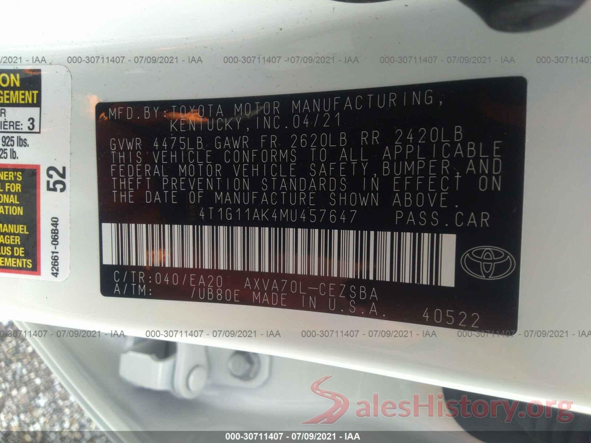 4T1G11AK4MU457647 2021 TOYOTA CAMRY