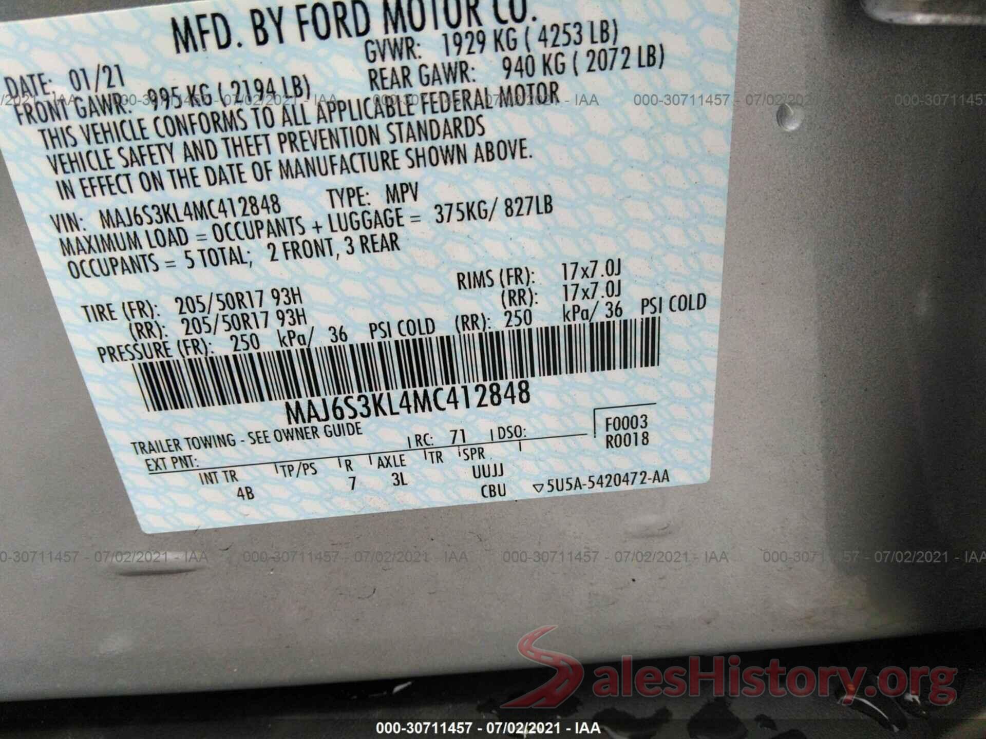 MAJ6S3KL4MC412848 2021 FORD ECOSPORT