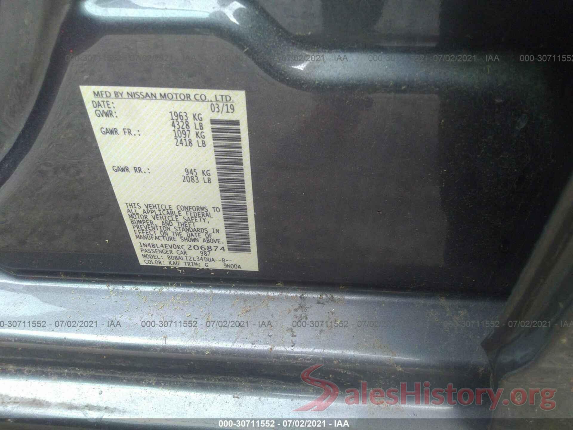 1N4BL4EV0KC206874 2019 NISSAN ALTIMA