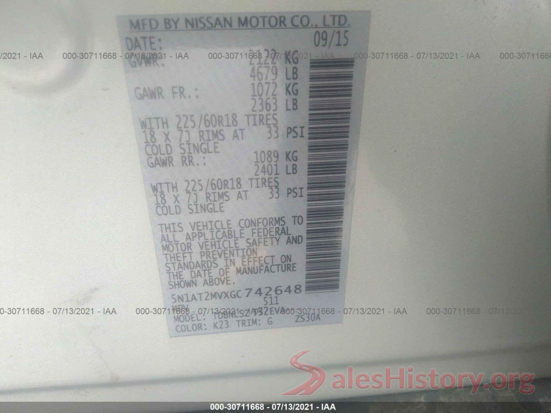 5N1AT2MVXGC742648 2016 NISSAN ROGUE