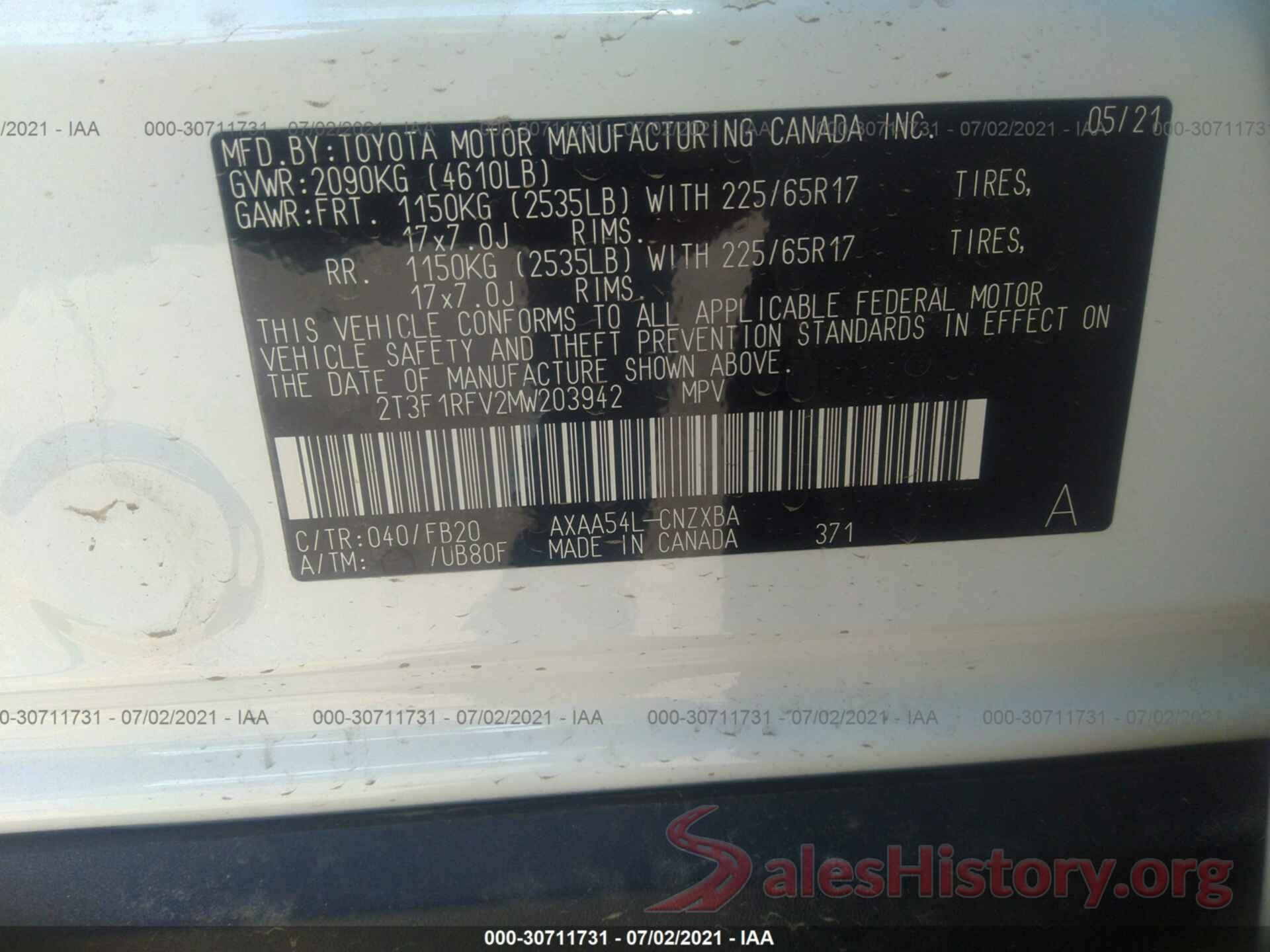 2T3F1RFV2MW203942 2021 TOYOTA RAV4