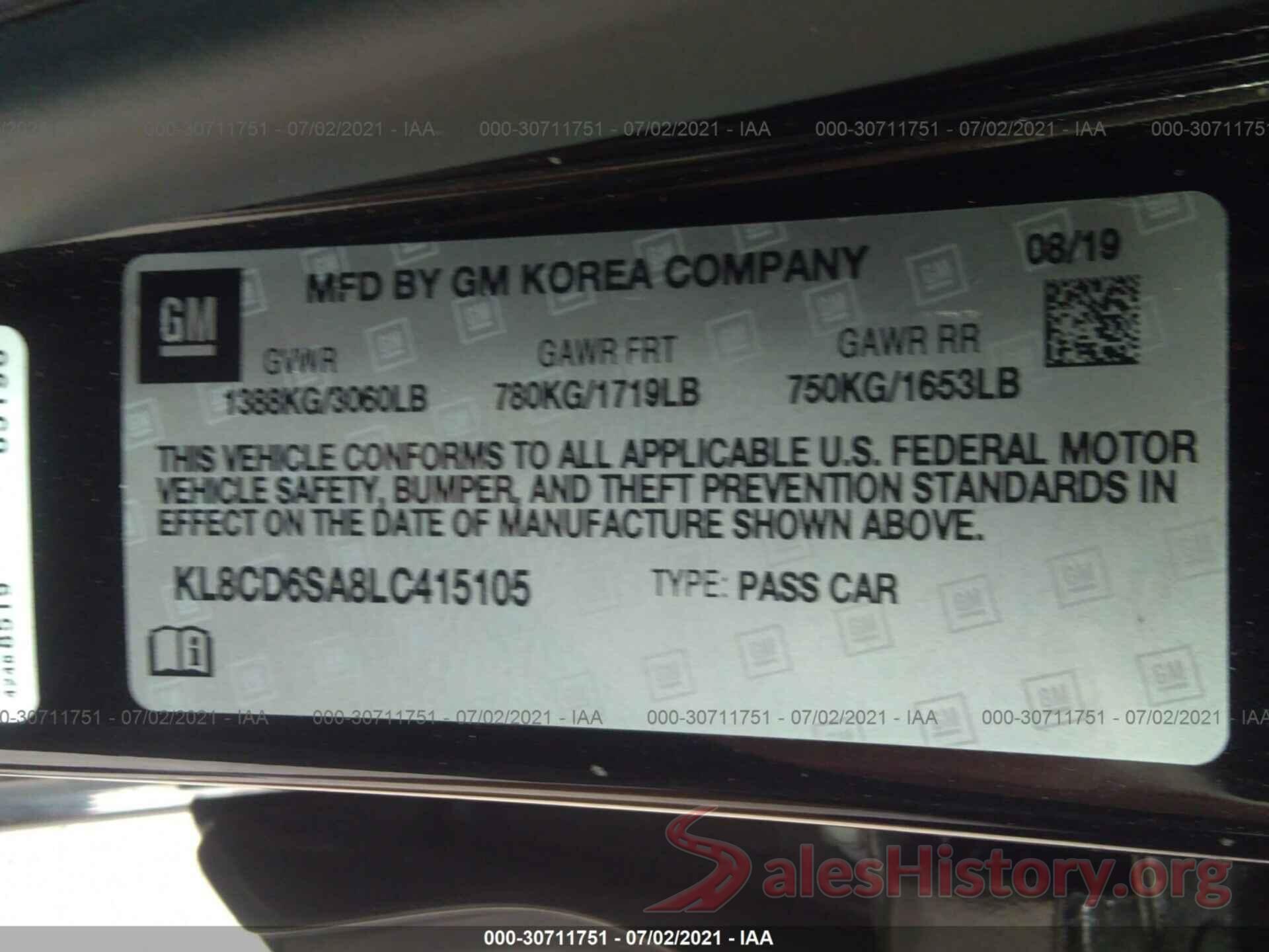 KL8CD6SA8LC415105 2020 CHEVROLET SPARK