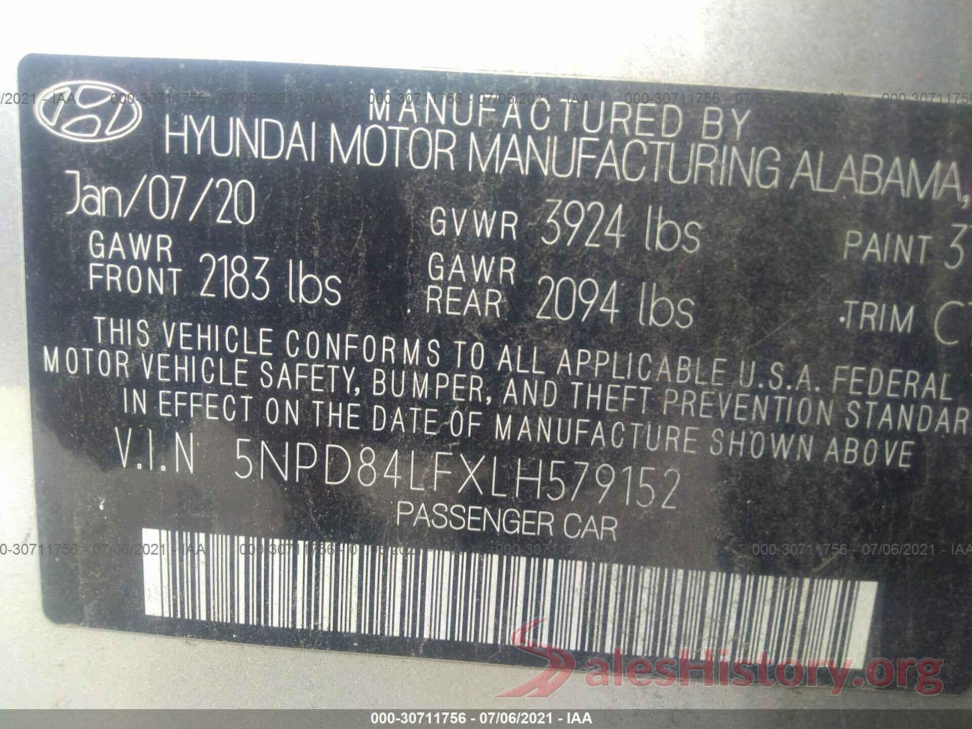 5NPD84LFXLH579152 2020 HYUNDAI ELANTRA