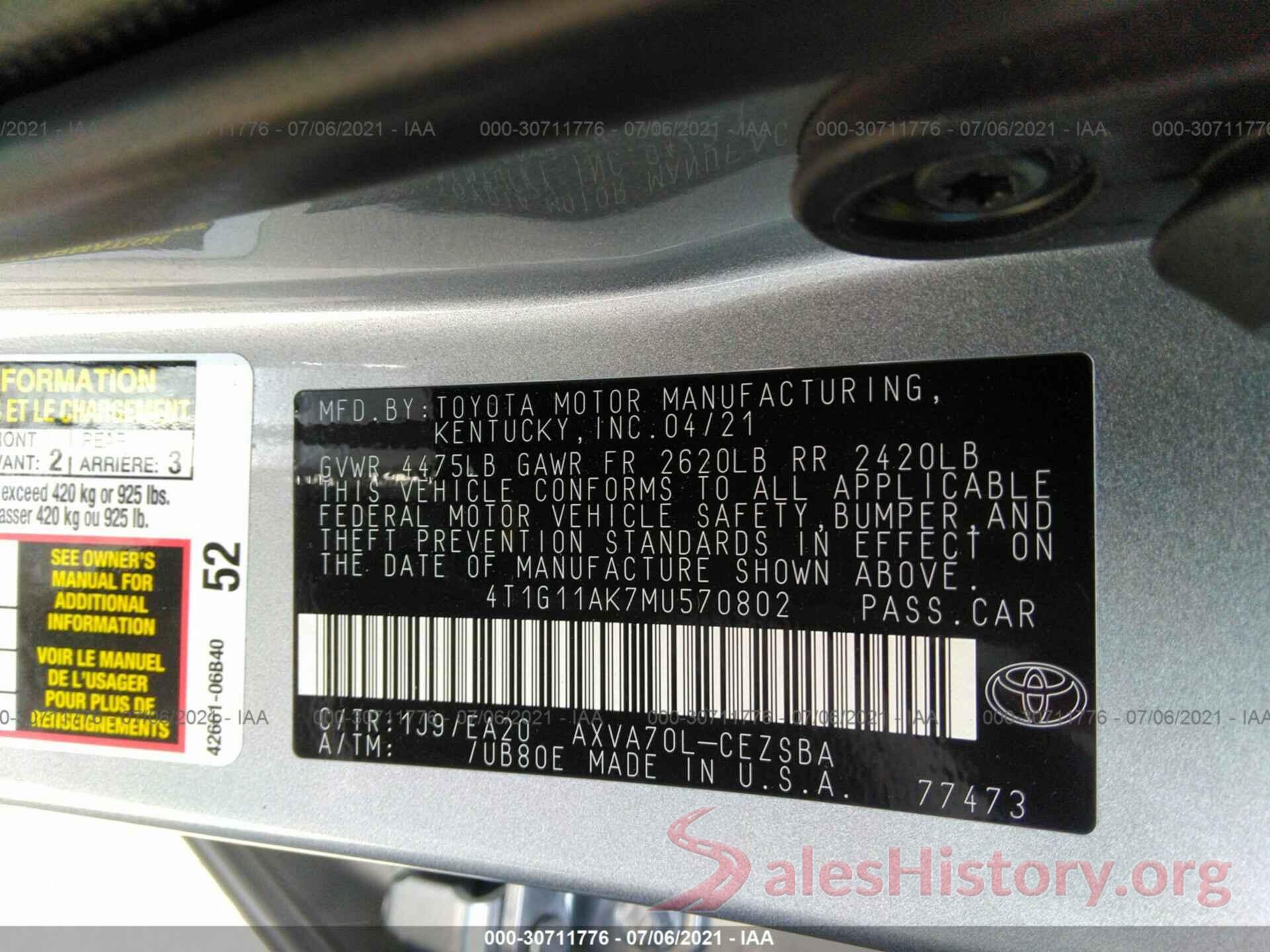 4T1G11AK7MU570802 2021 TOYOTA CAMRY