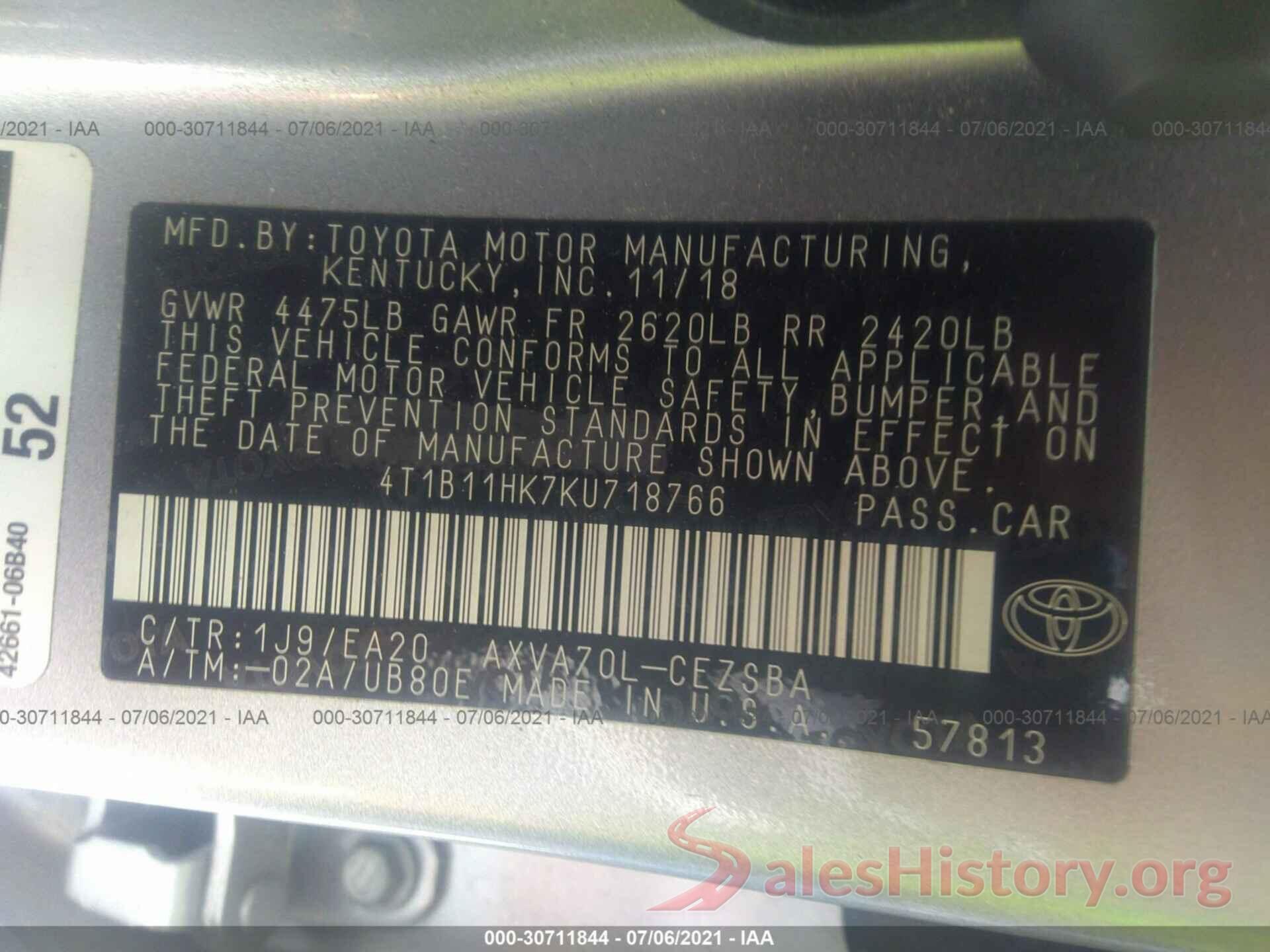 4T1B11HK7KU718766 2019 TOYOTA CAMRY