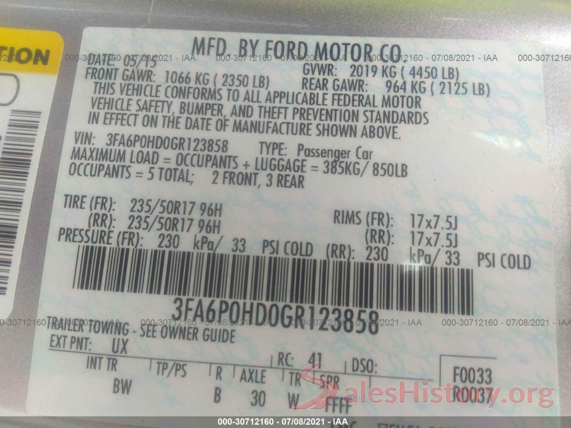 3FA6P0HD0GR123858 2016 FORD FUSION