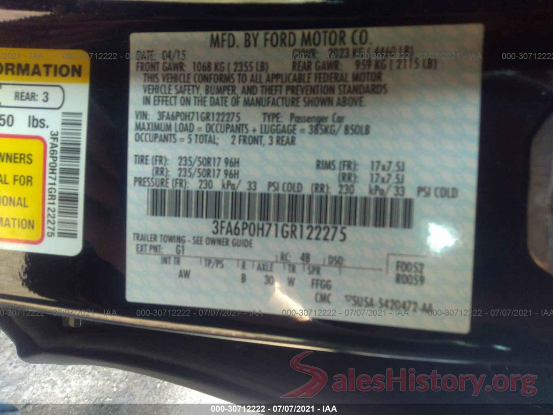 3FA6P0H71GR122275 2016 FORD FUSION