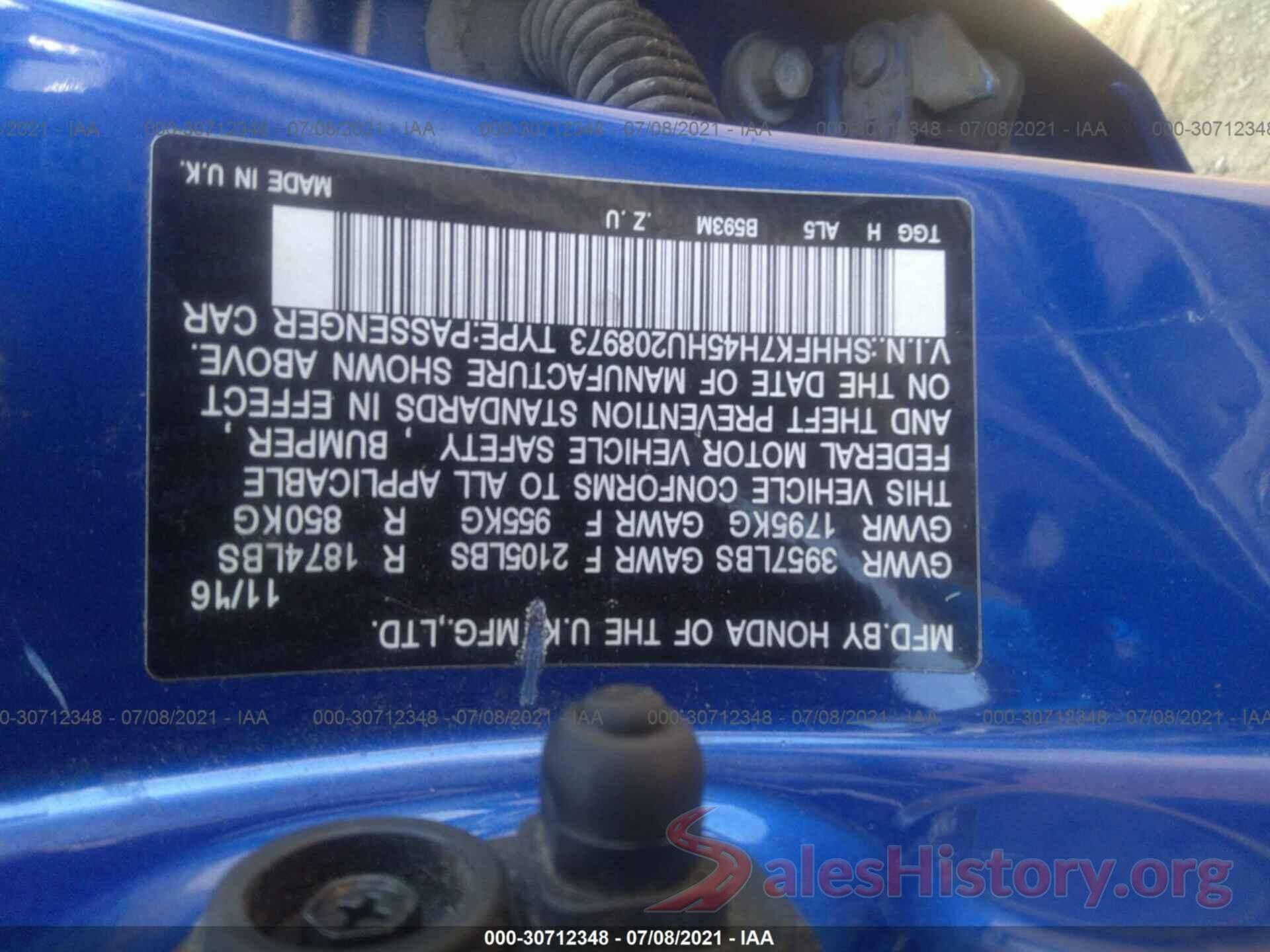 SHHFK7H45HU208973 2017 HONDA CIVIC HATCHBACK