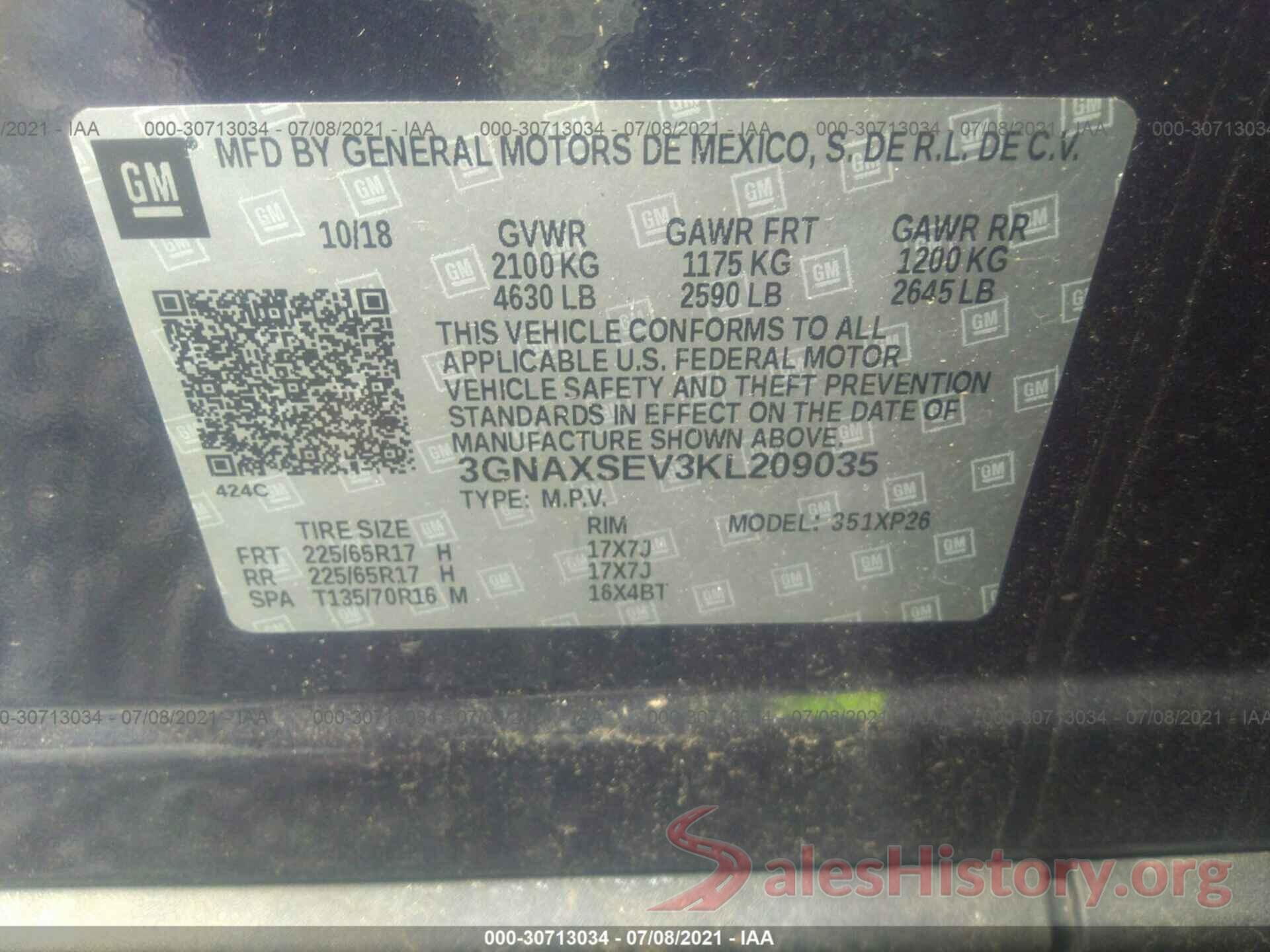 3GNAXSEV3KL209035 2019 CHEVROLET EQUINOX