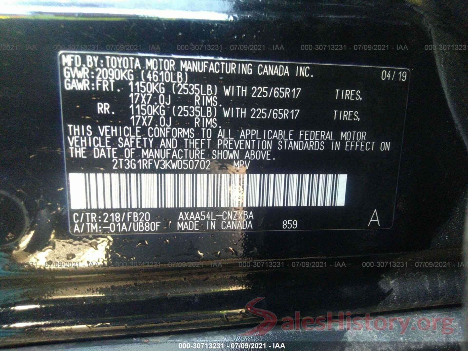 2T3G1RFV3KW050702 2019 TOYOTA RAV4