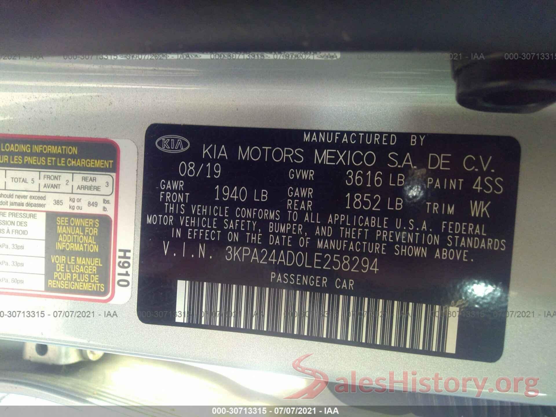 3KPA24AD0LE258294 2020 KIA RIO