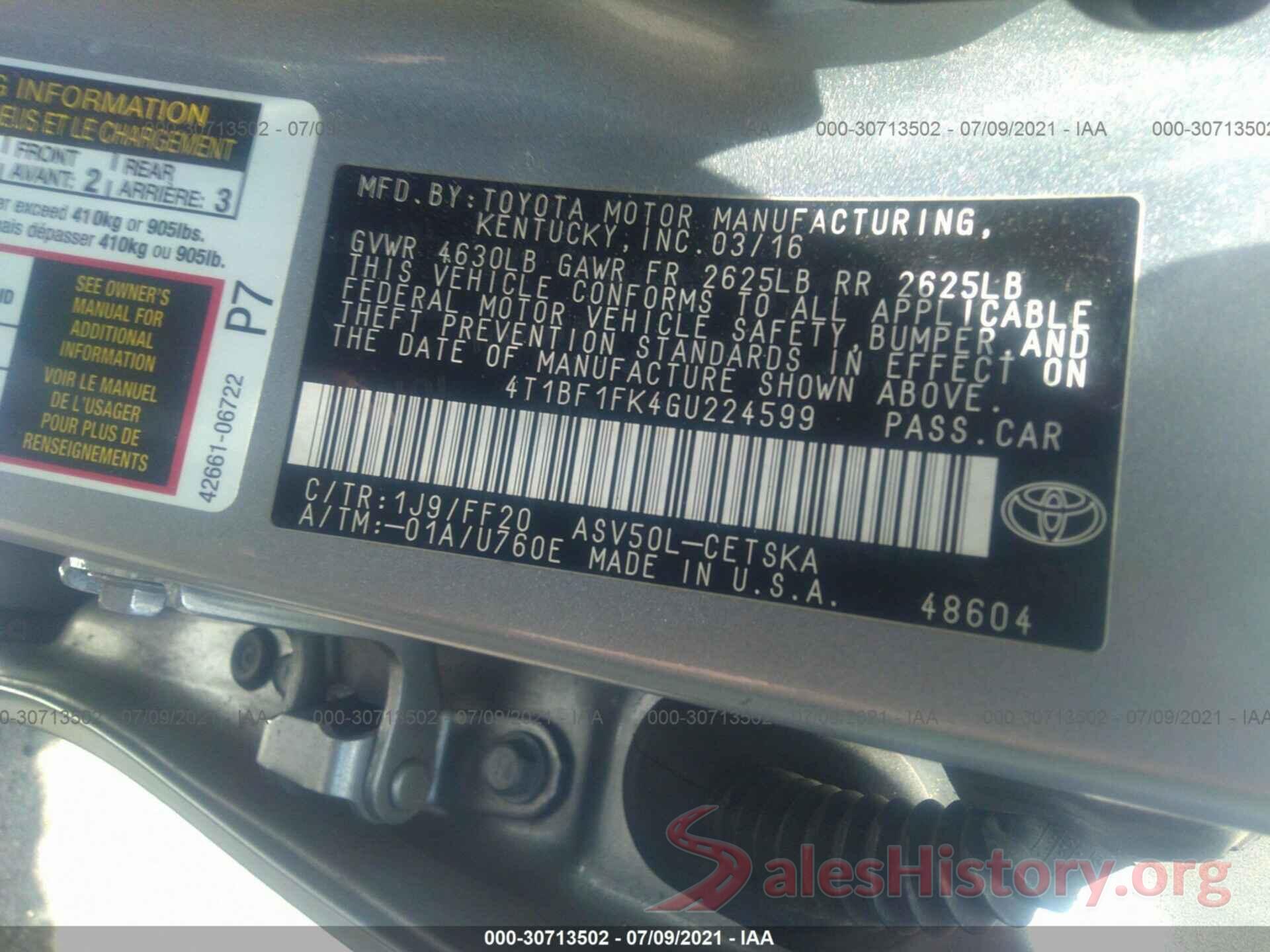 4T1BF1FK4GU224599 2016 TOYOTA CAMRY