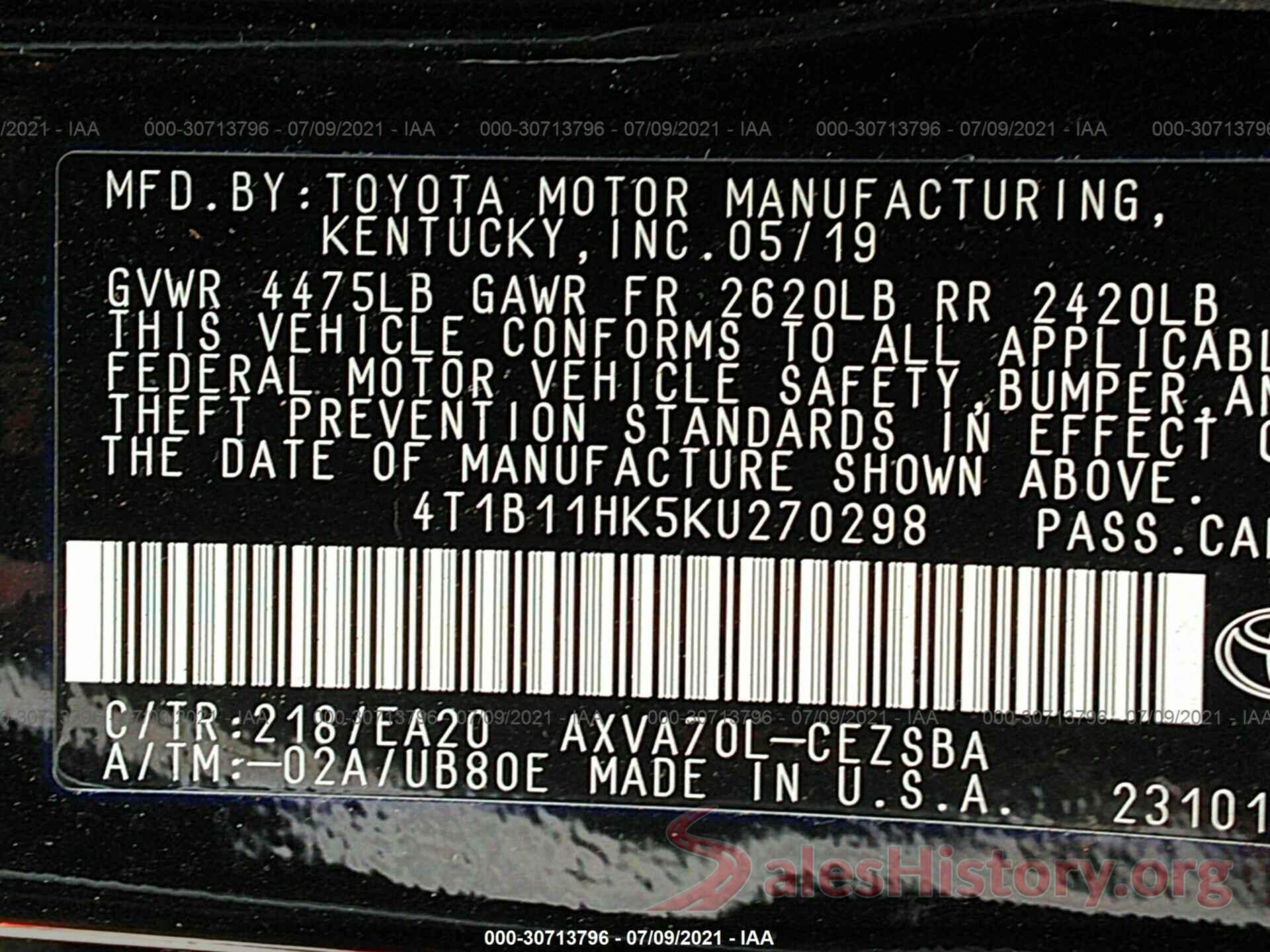 4T1B11HK5KU270298 2019 TOYOTA CAMRY