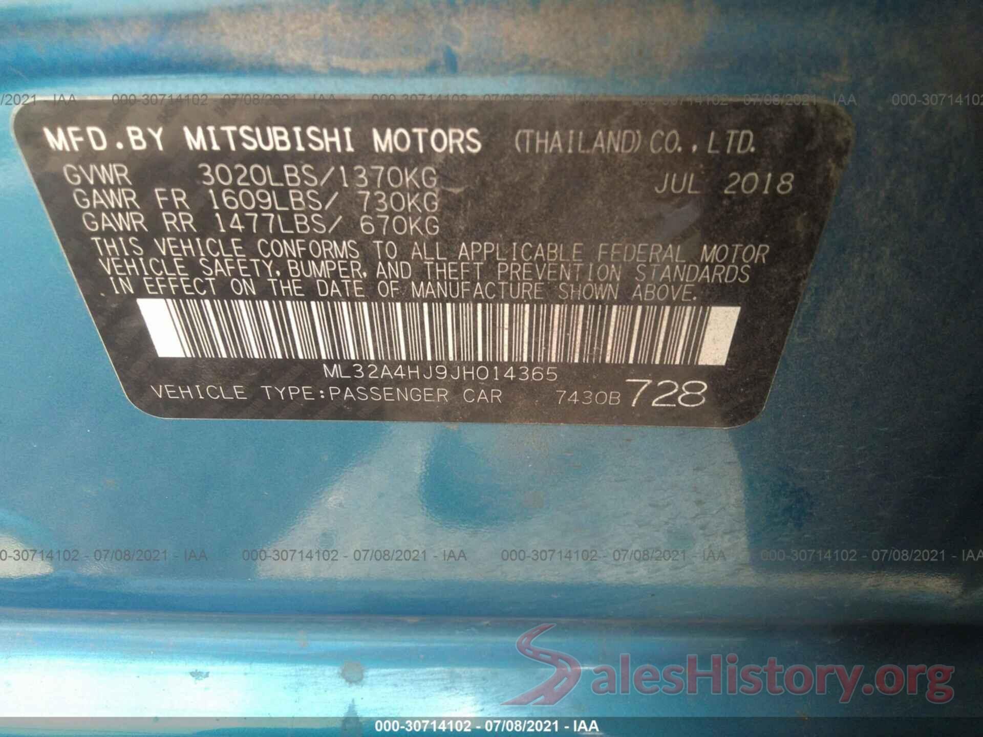 ML32A4HJ9JH014365 2018 MITSUBISHI MIRAGE