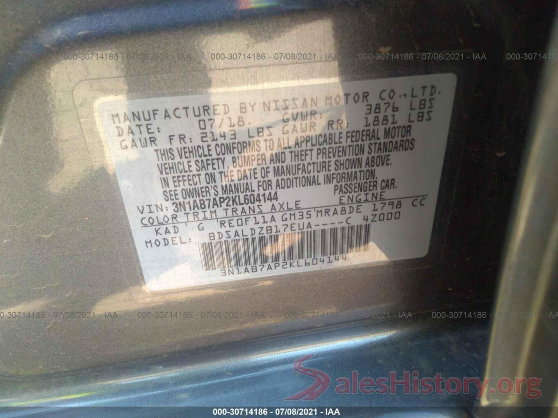 3N1AB7AP2KL604144 2019 NISSAN SENTRA