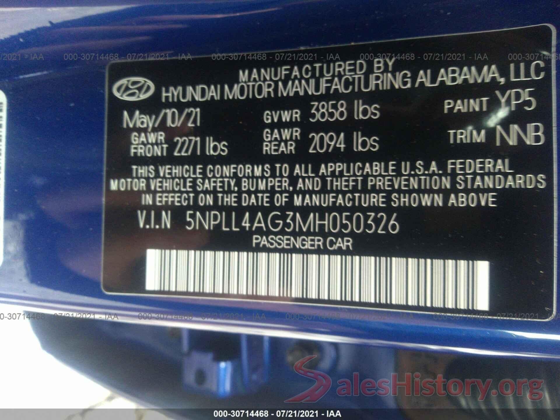 5NPLL4AG3MH050326 2021 HYUNDAI ELANTRA