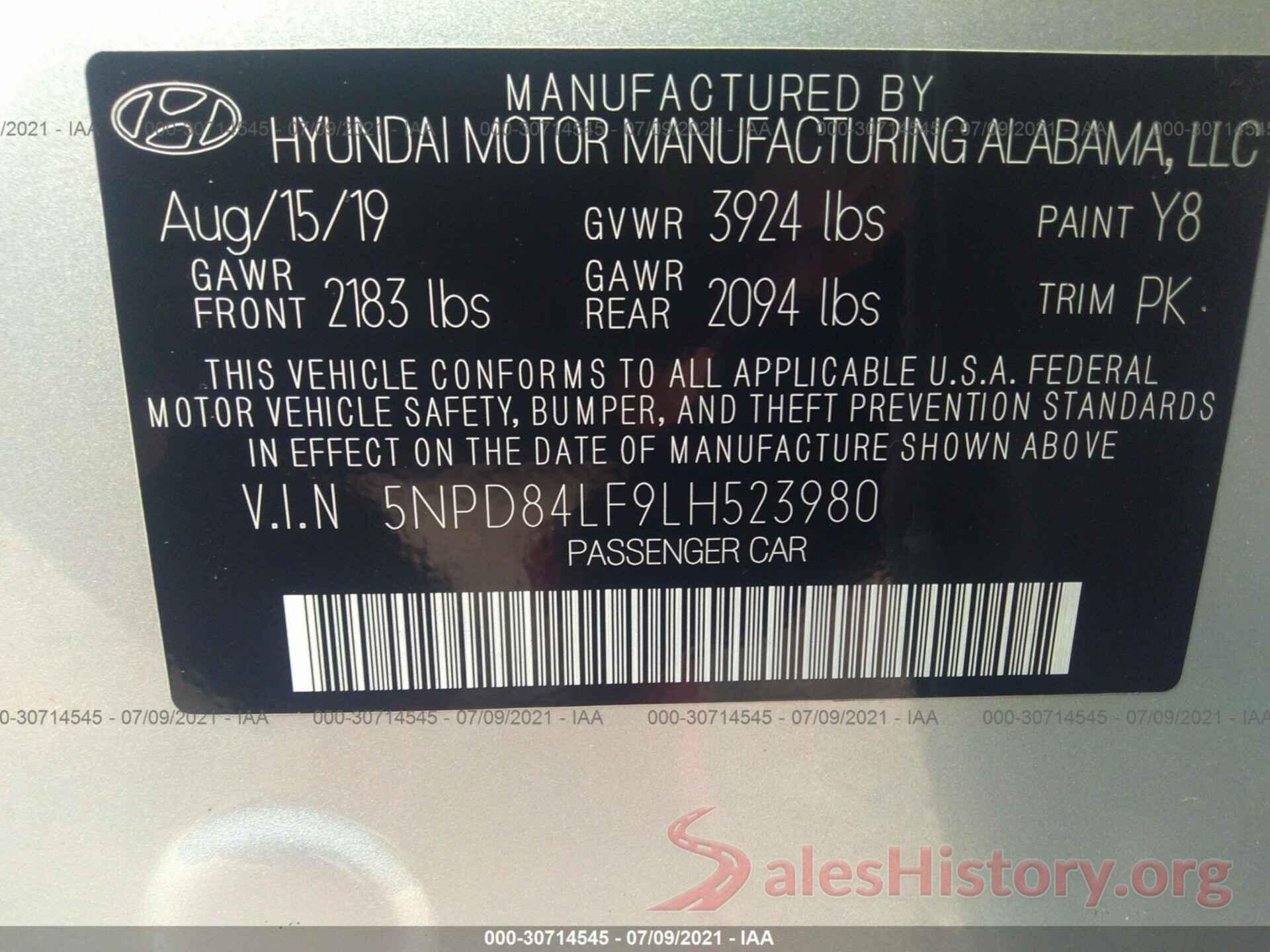 5NPD84LF9LH523980 2020 HYUNDAI ELANTRA