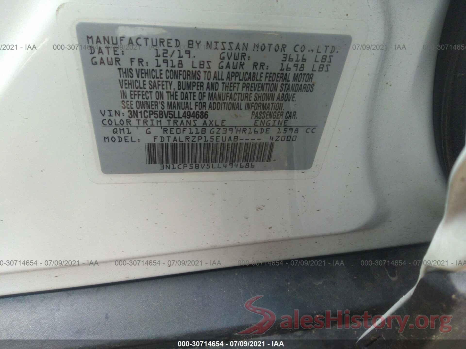 3N1CP5BV5LL494686 2020 NISSAN KICKS