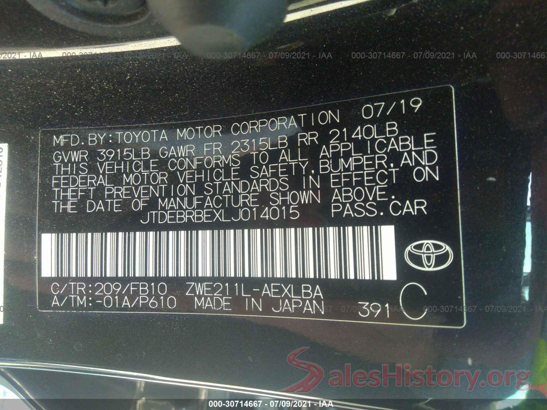 JTDEBRBEXLJ014015 2020 TOYOTA COROLLA