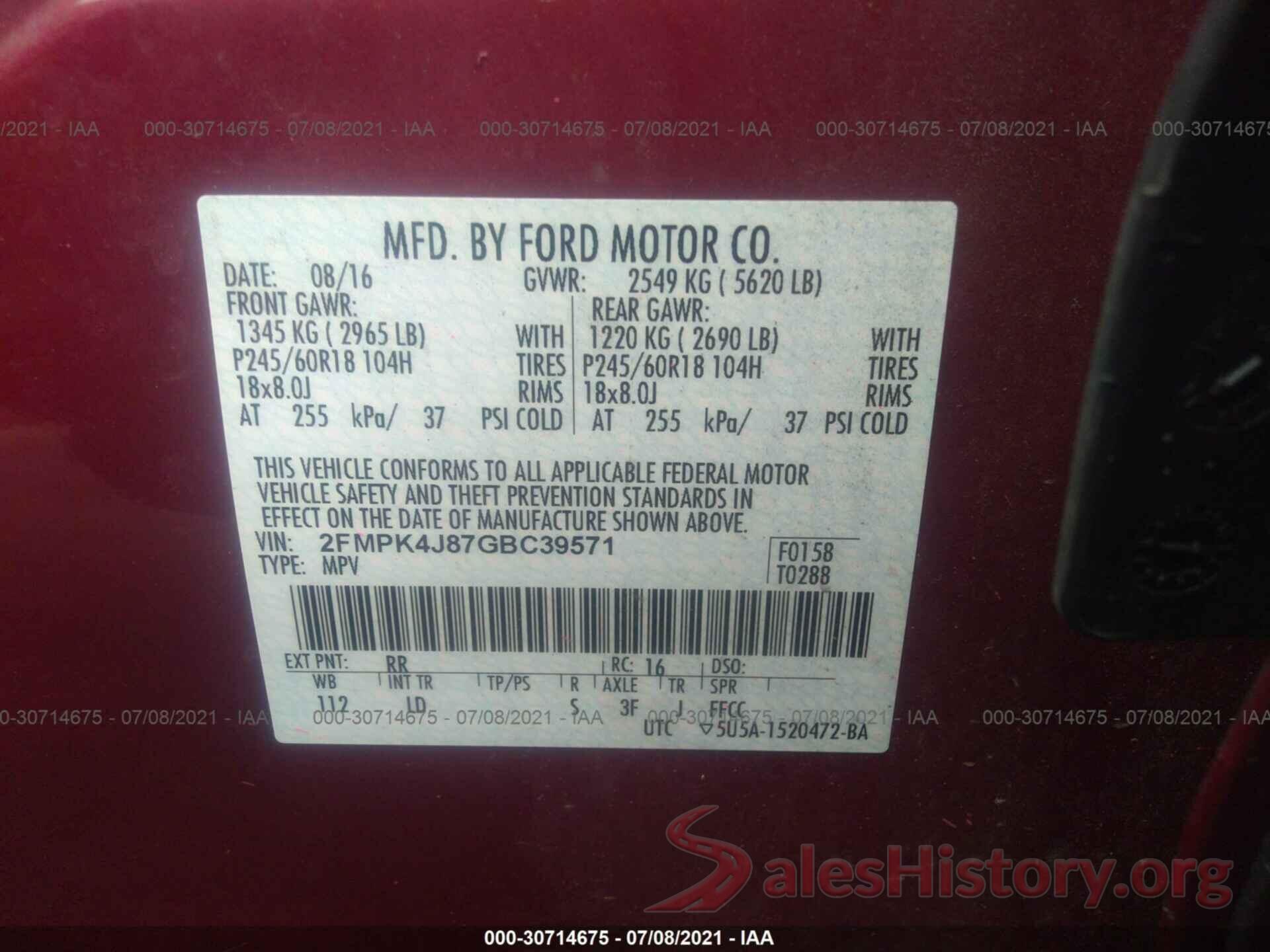 2FMPK4J87GBC39571 2016 FORD EDGE