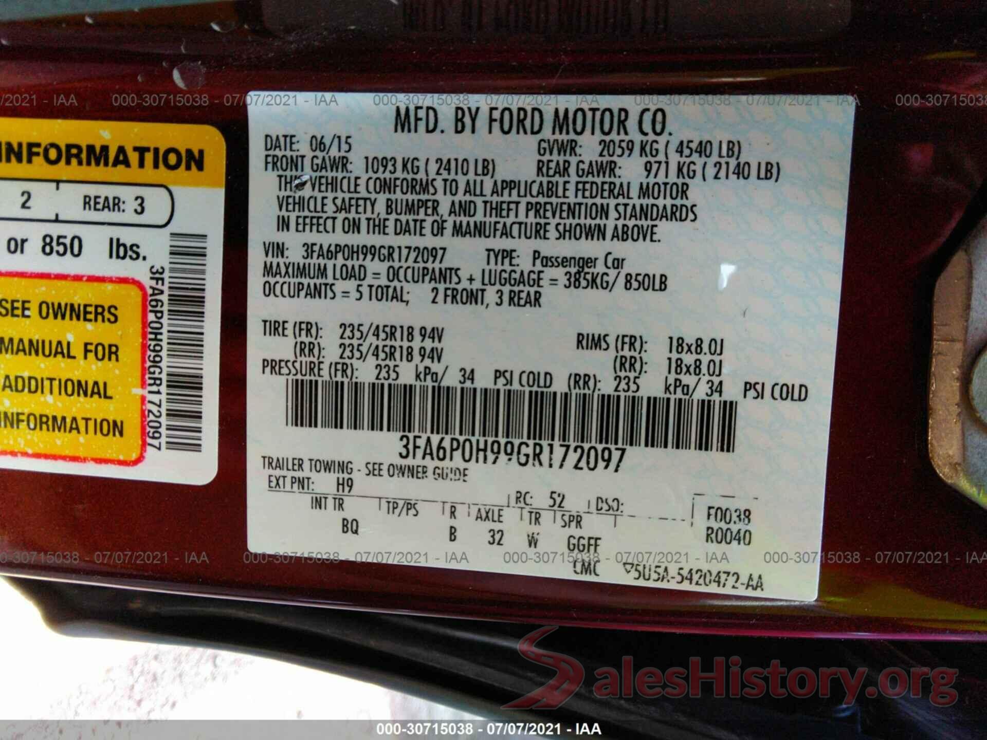 3FA6P0H99GR172097 2016 FORD FUSION