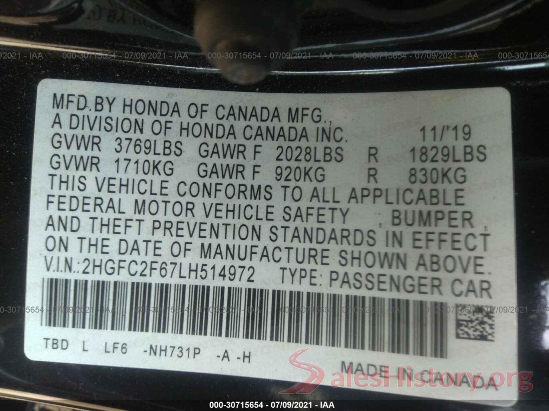 2HGFC2F67LH514972 2020 HONDA CIVIC SEDAN