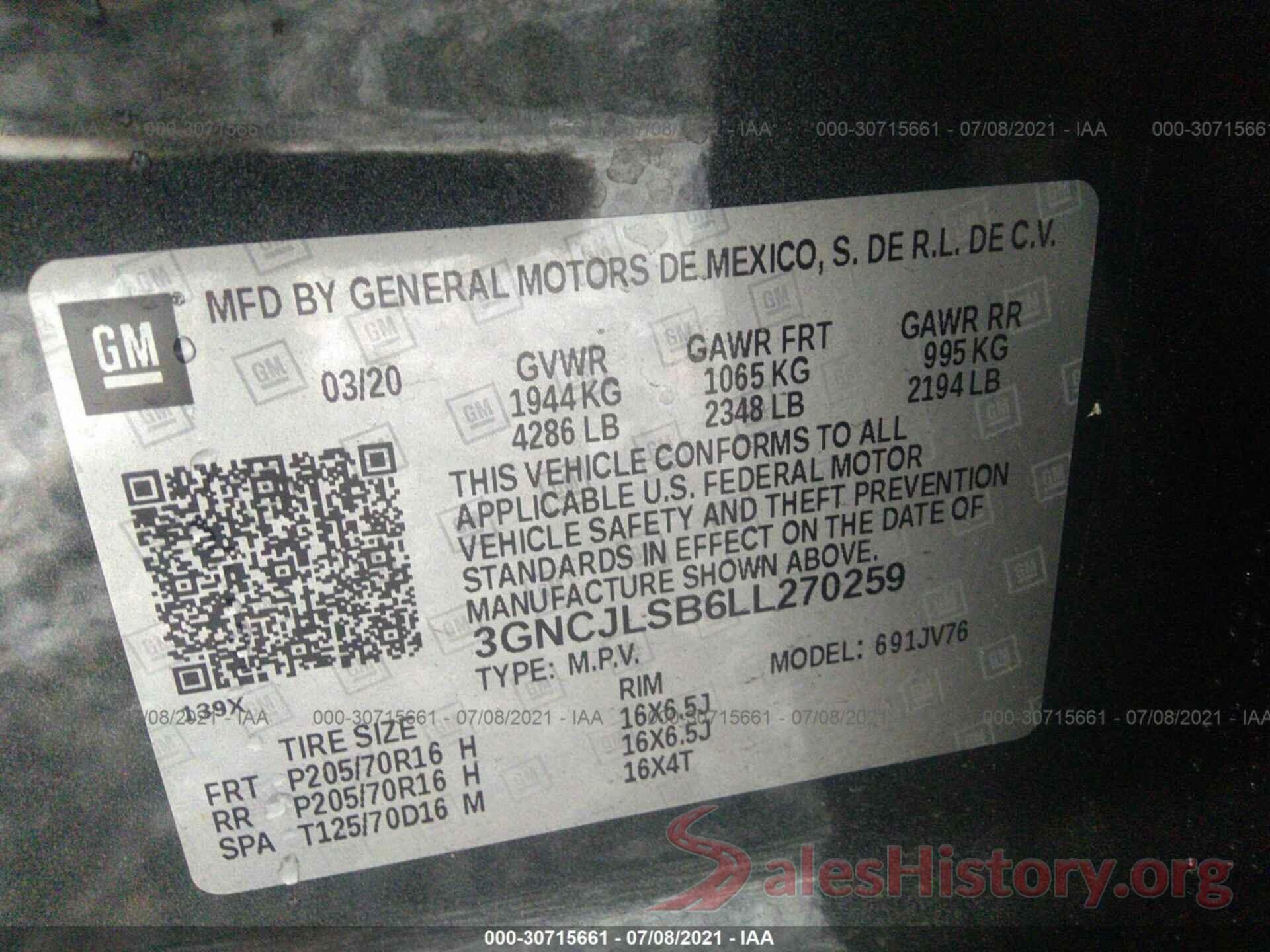 3GNCJLSB6LL270259 2020 CHEVROLET TRAX