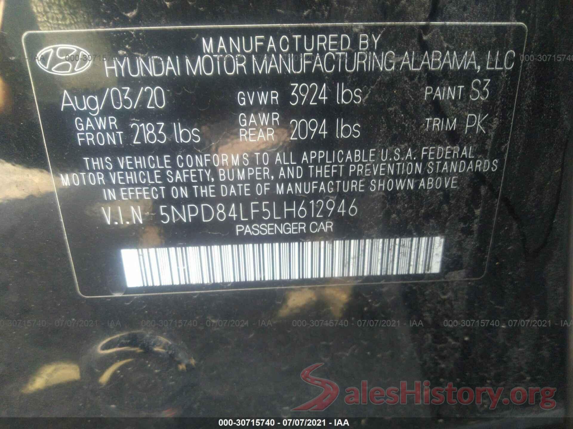 5NPD84LF5LH612946 2020 HYUNDAI ELANTRA