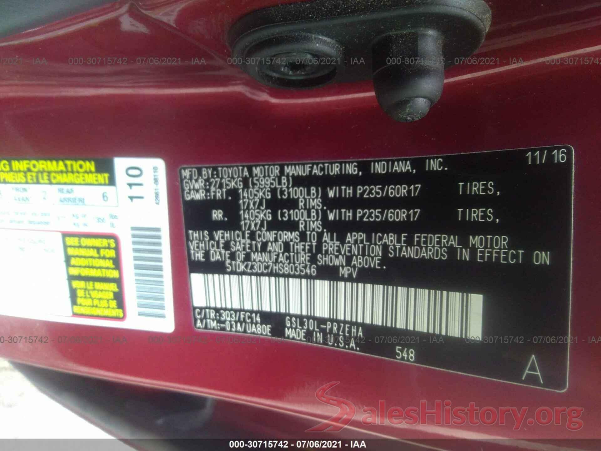 5TDKZ3DC7HS803546 2017 TOYOTA SIENNA