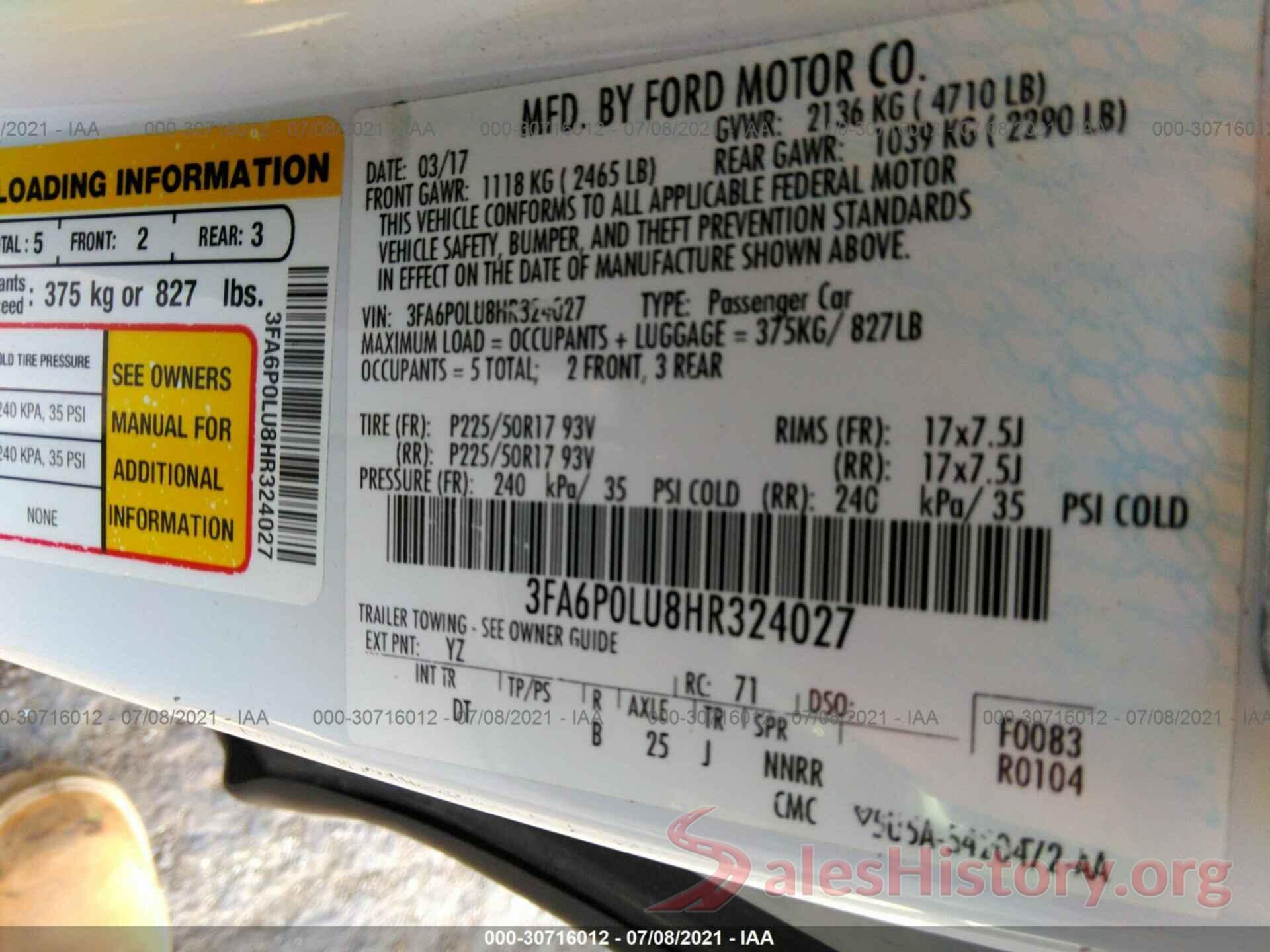 3FA6P0LU8HR324027 2017 FORD FUSION