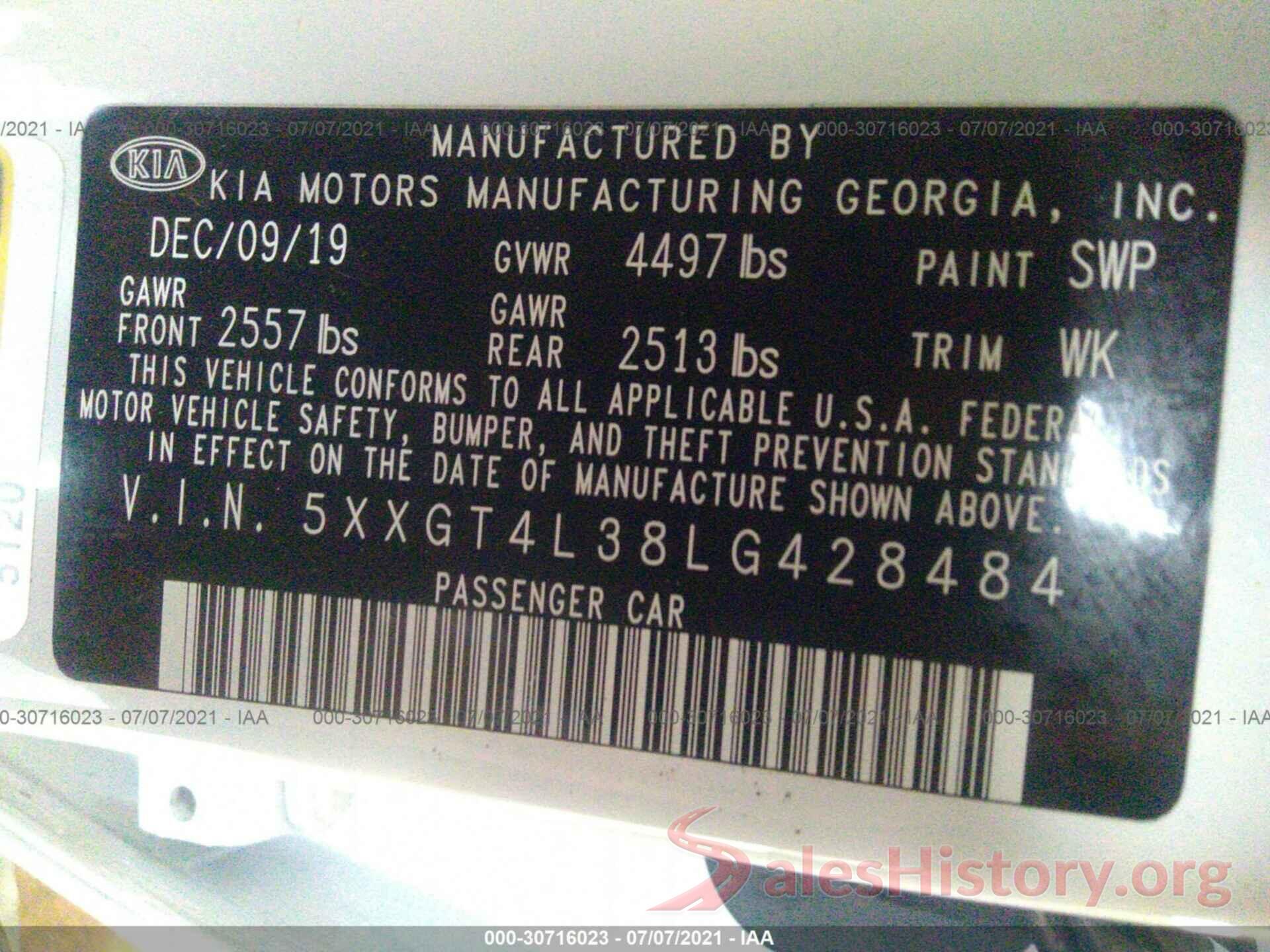 5XXGT4L38LG428484 2020 KIA OPTIMA