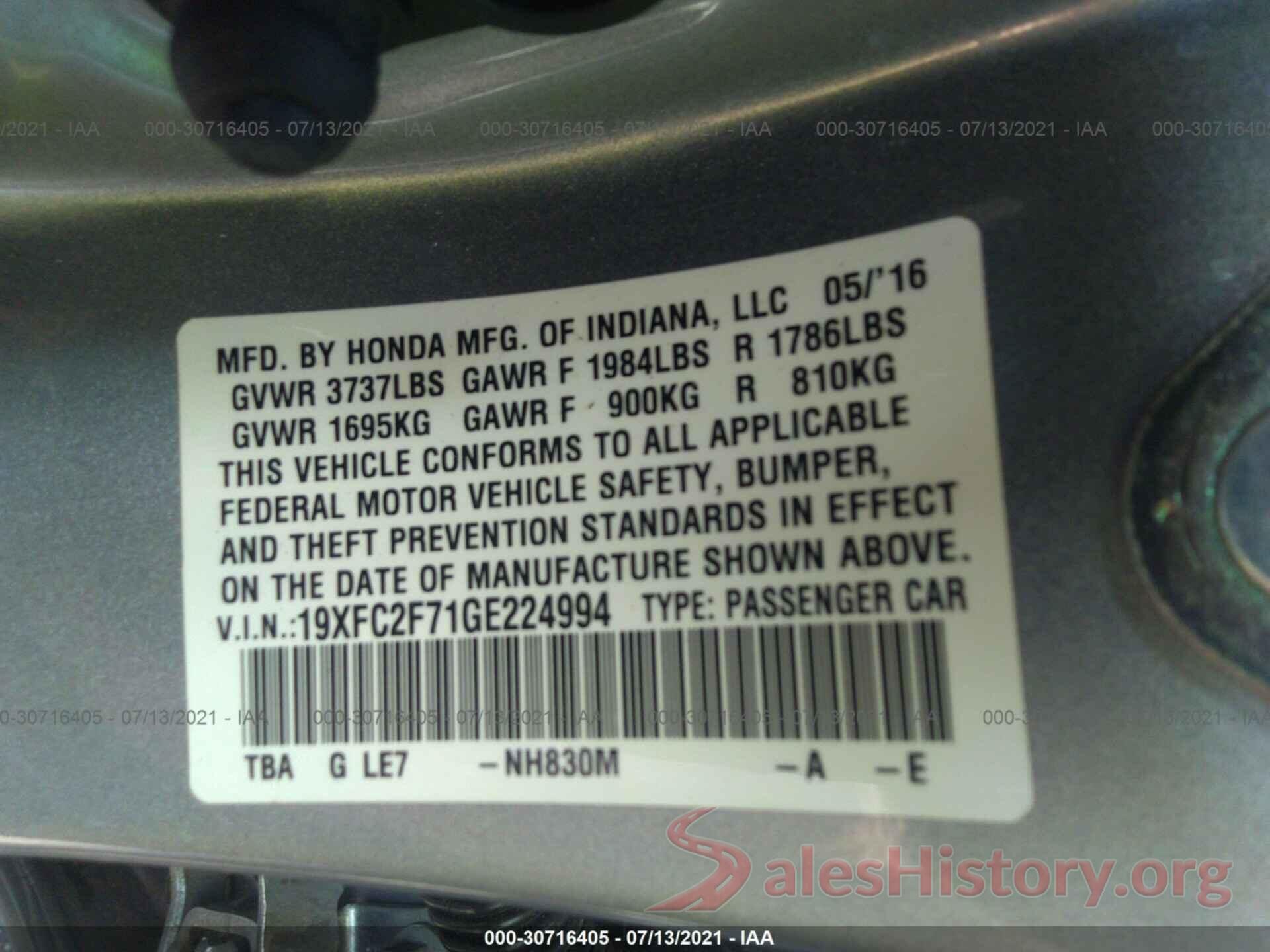 19XFC2F71GE224994 2016 HONDA CIVIC SEDAN