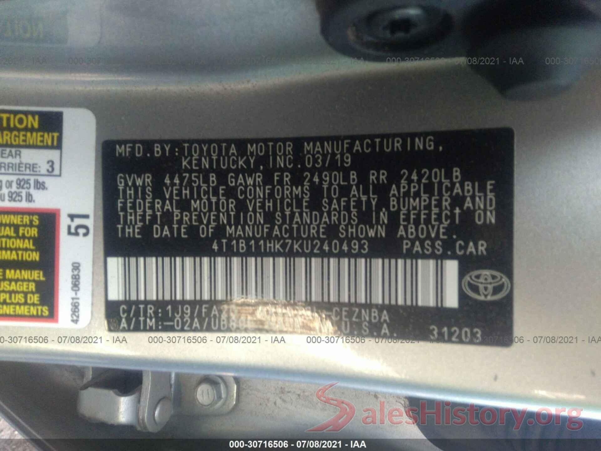 4T1B11HK7KU240493 2019 TOYOTA CAMRY