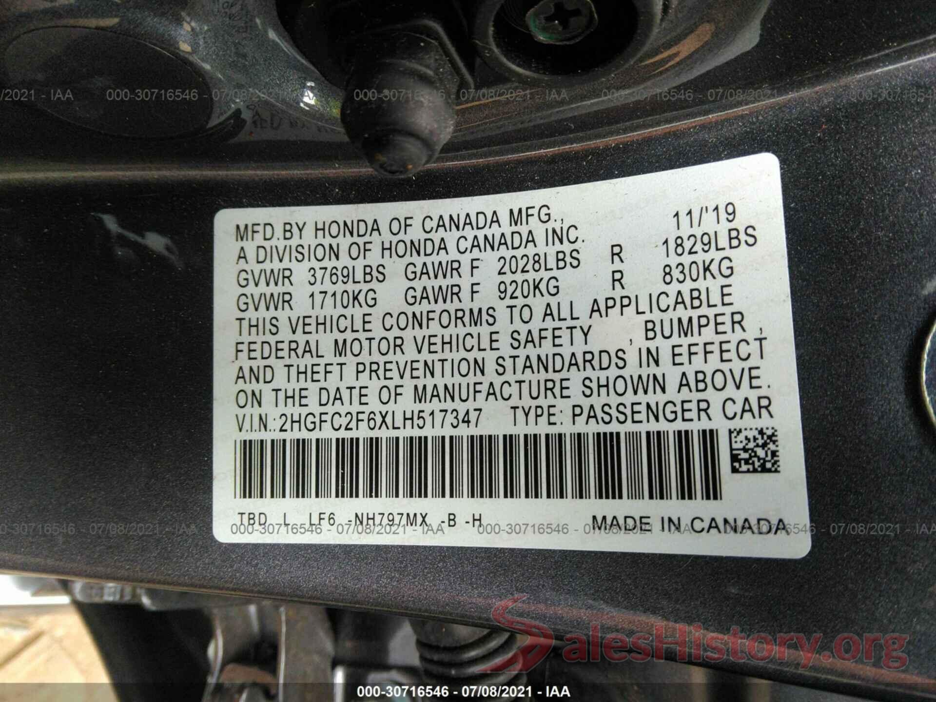 2HGFC2F6XLH517347 2020 HONDA CIVIC SEDAN