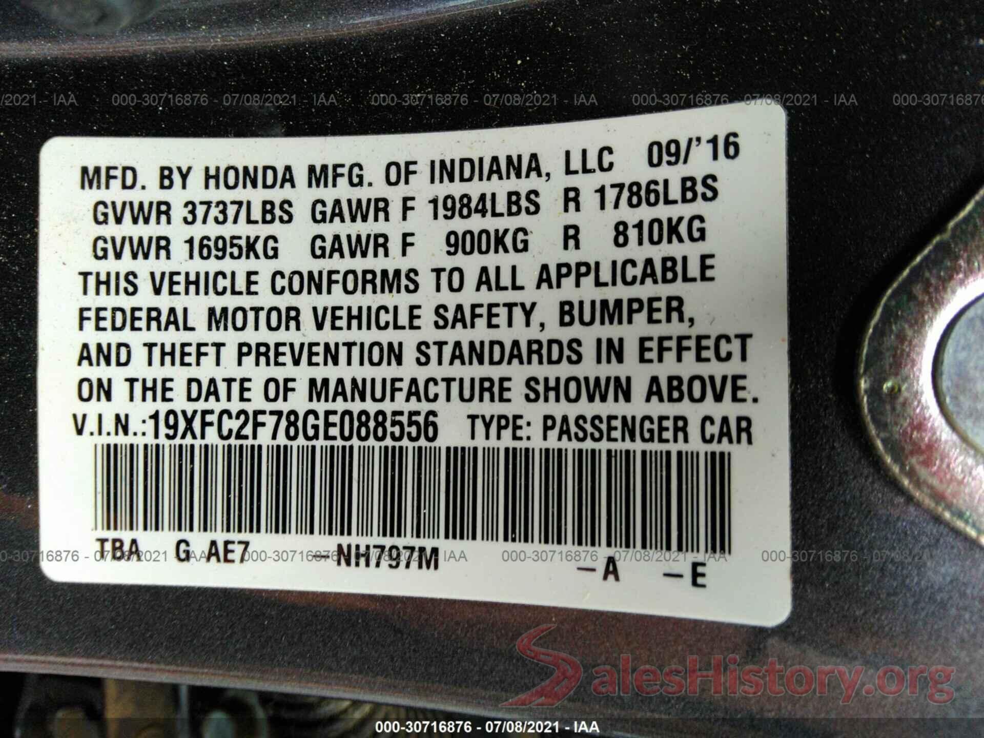 19XFC2F78GE088556 2016 HONDA CIVIC SEDAN