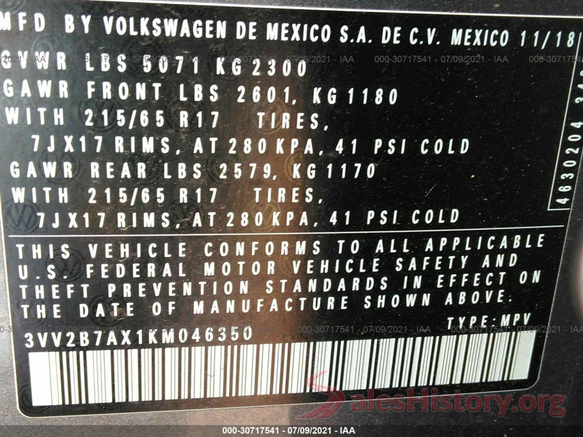 3VV2B7AX1KM046350 2019 VOLKSWAGEN TIGUAN