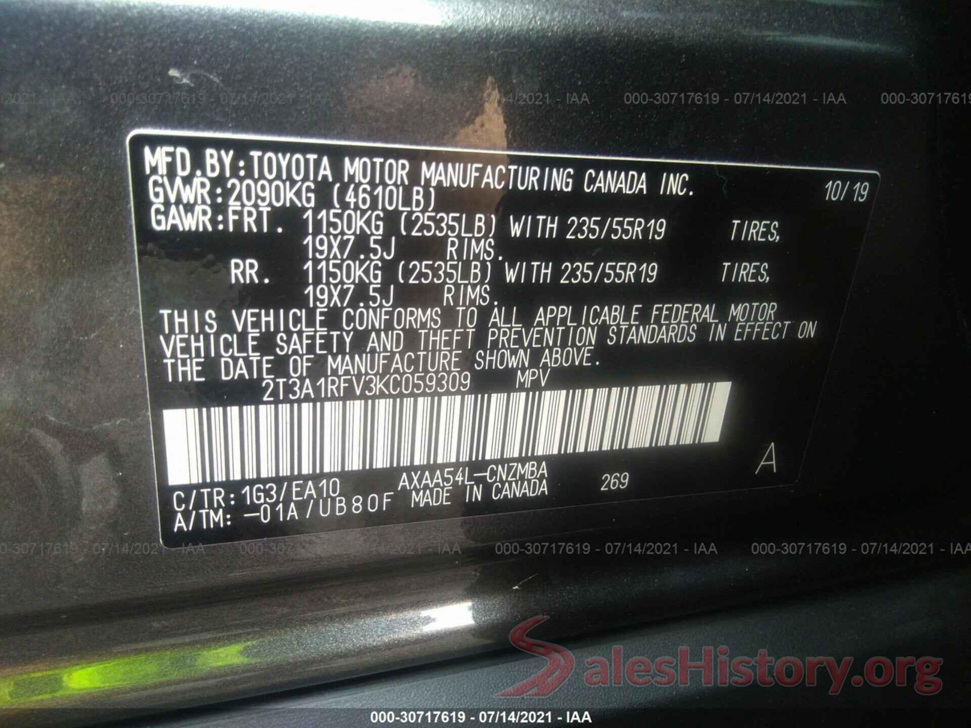 2T3A1RFV3KC059309 2019 TOYOTA RAV4