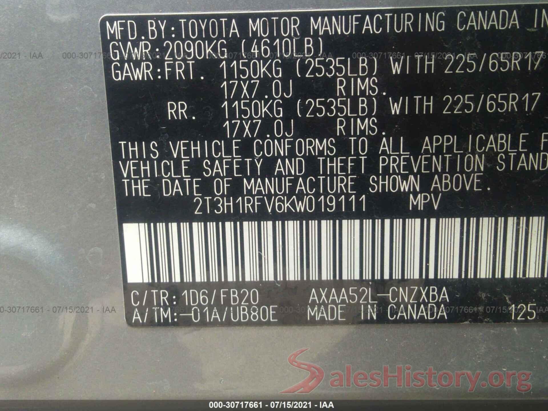 2T3H1RFV6KW019111 2019 TOYOTA RAV4