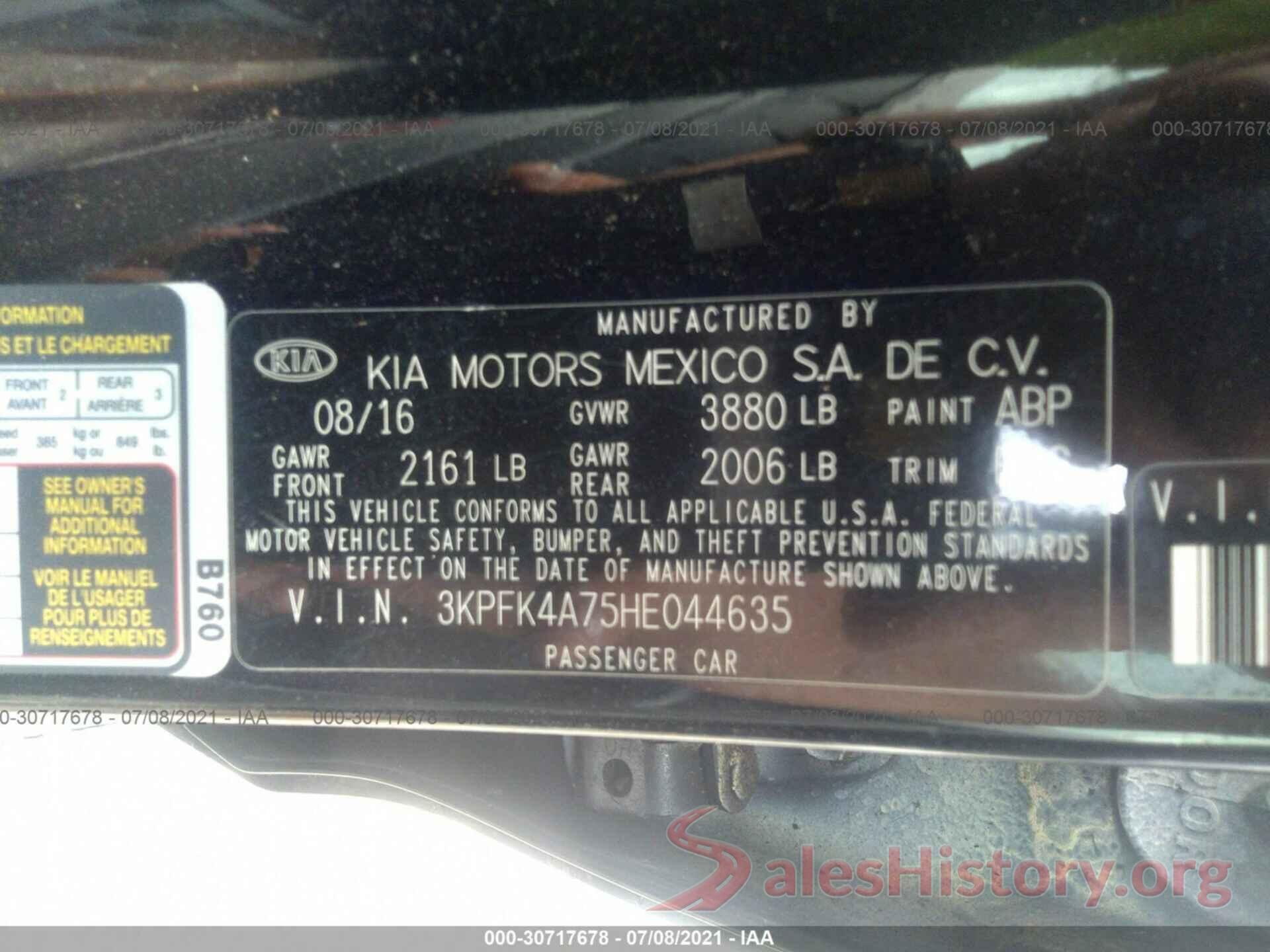 3KPFK4A75HE044635 2017 KIA FORTE