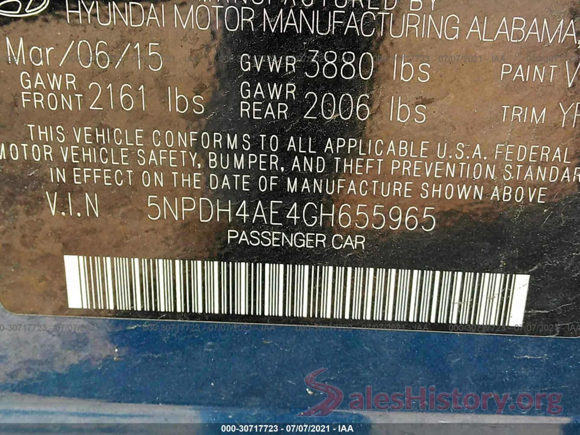 5NPDH4AE4GH655965 2016 HYUNDAI ELANTRA