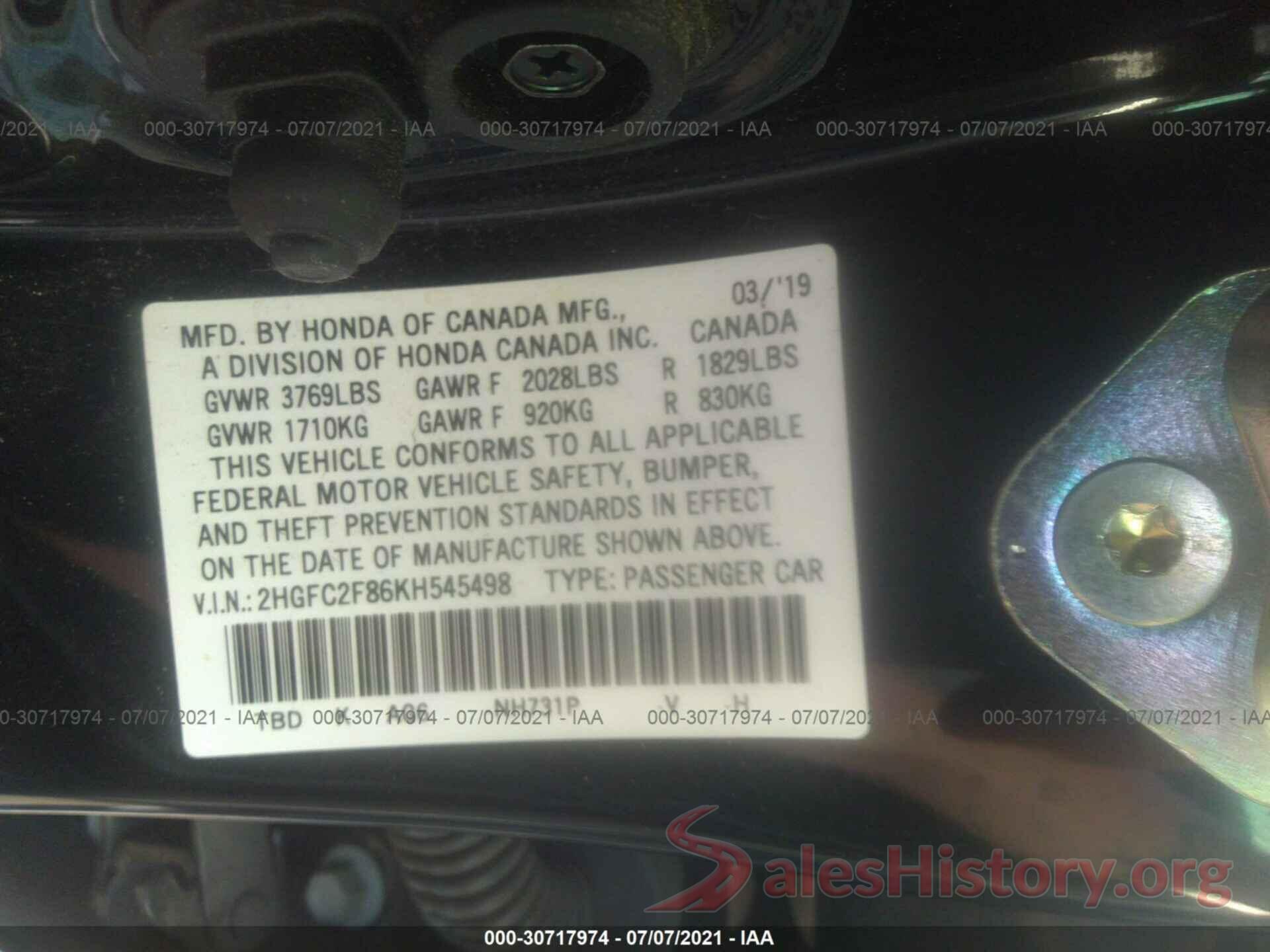 2HGFC2F86KH545498 2019 HONDA CIVIC SEDAN