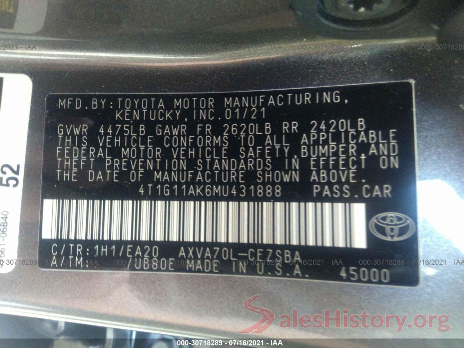 4T1G11AK6MU431888 2021 TOYOTA CAMRY