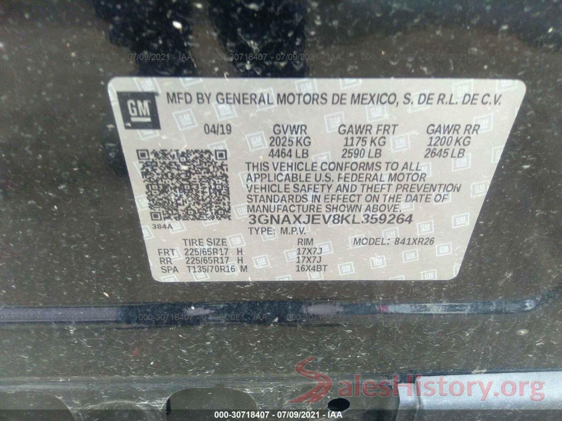 3GNAXJEV8KL359264 2019 CHEVROLET EQUINOX