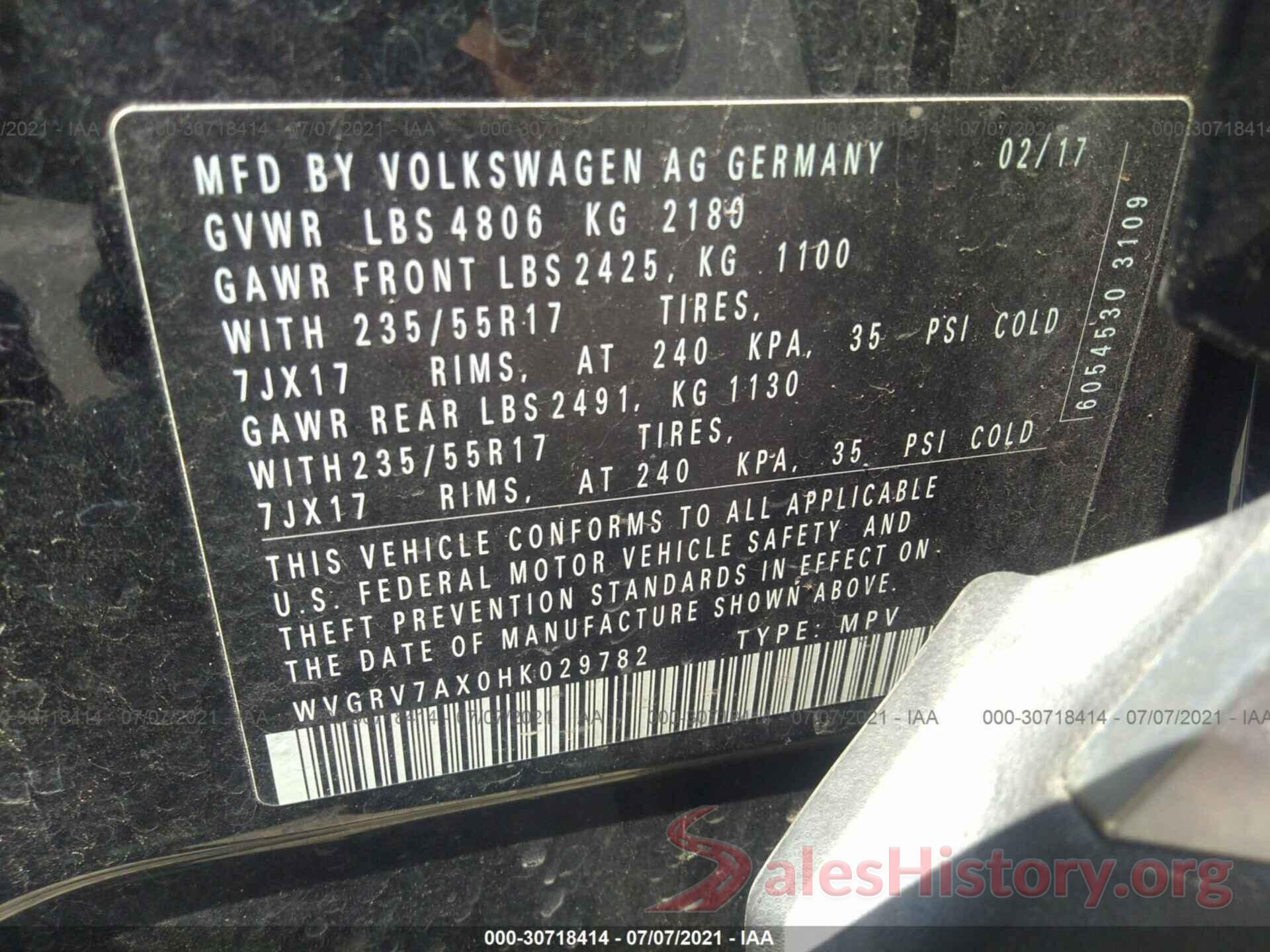 WVGRV7AX0HK029782 2017 VOLKSWAGEN TIGUAN