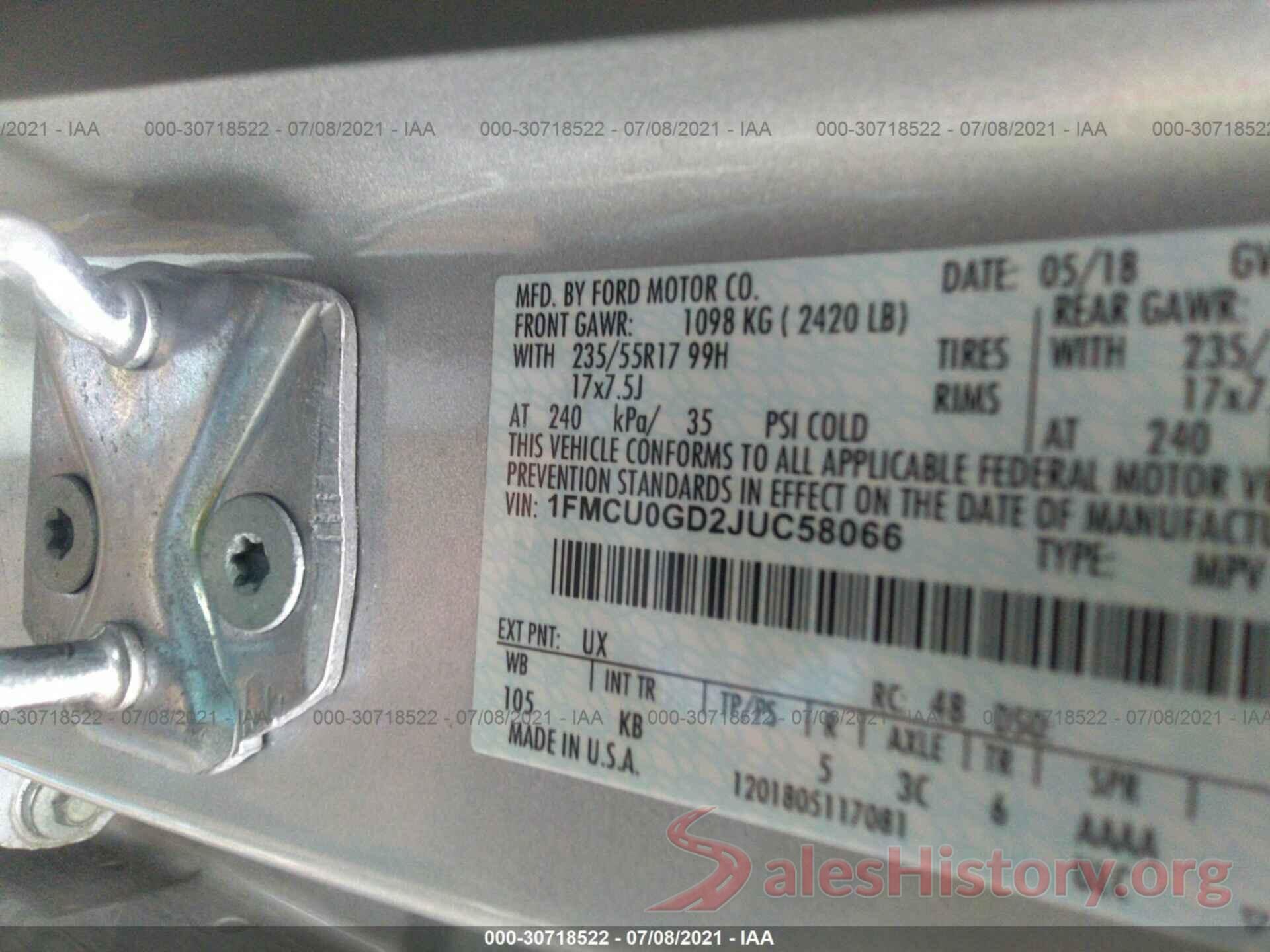 1FMCU0GD2JUC58066 2018 FORD ESCAPE