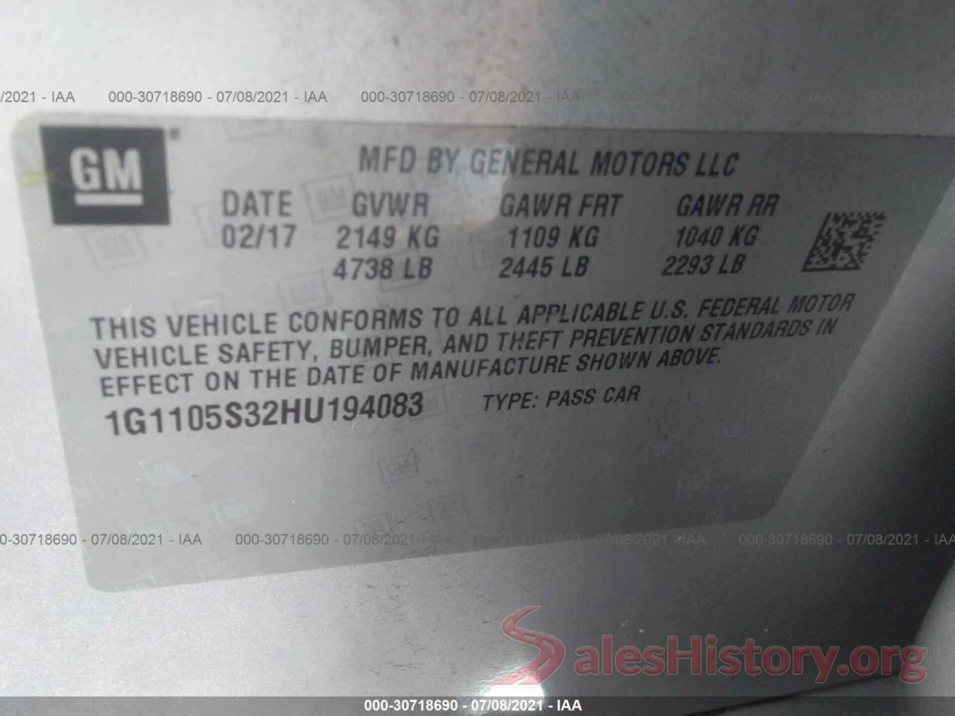 1G1105S32HU194083 2017 CHEVROLET IMPALA