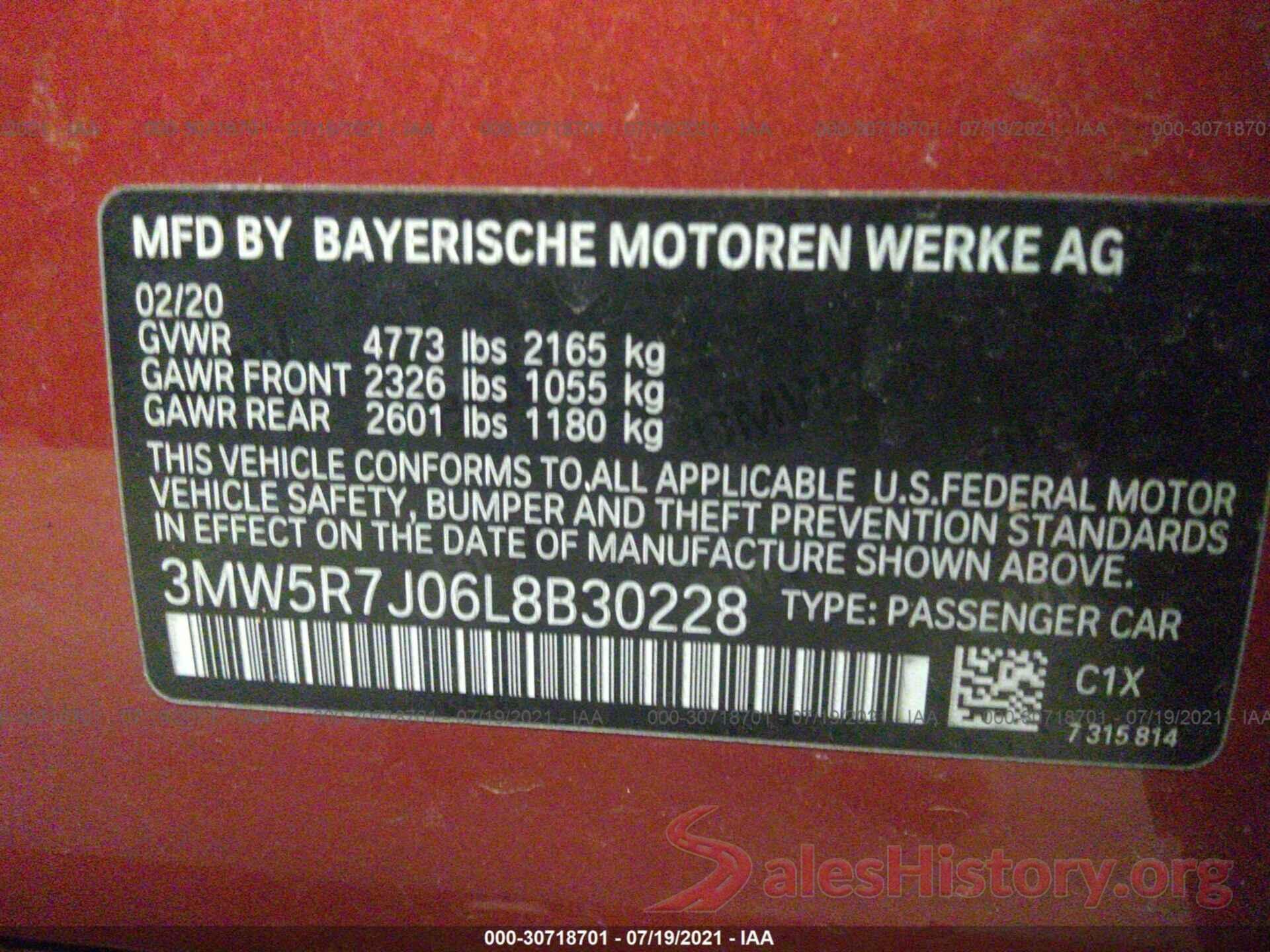 3MW5R7J06L8B30228 2020 BMW 3 SERIES